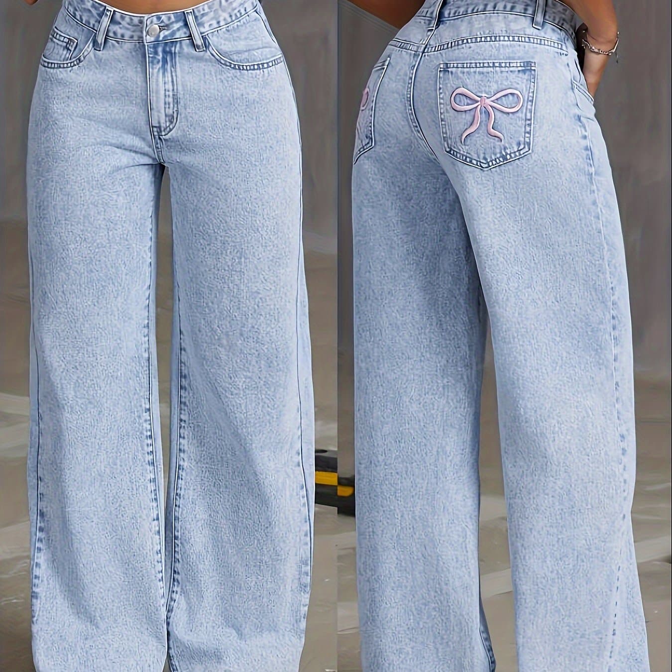TEMU Embroidered Bow Wide Leg Jeans
