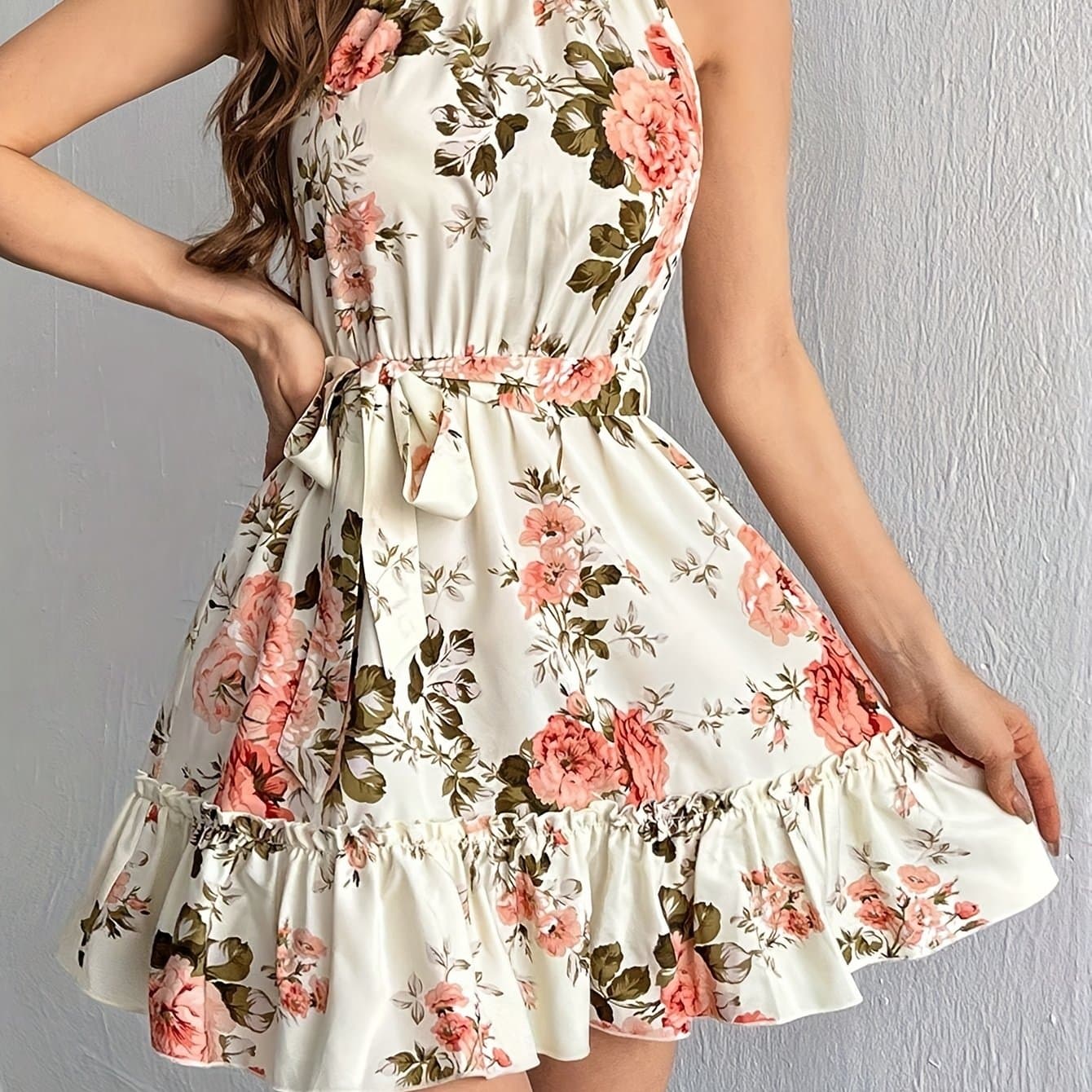 TEMU Women's Floral Print A-line Dress - With Ruffle Hem, Stand Collar, Sleeveless Design, Adjustable Belted Waist, Spring/summer , Vacation Wear | Feminine Attire | Texture, Floral Dress