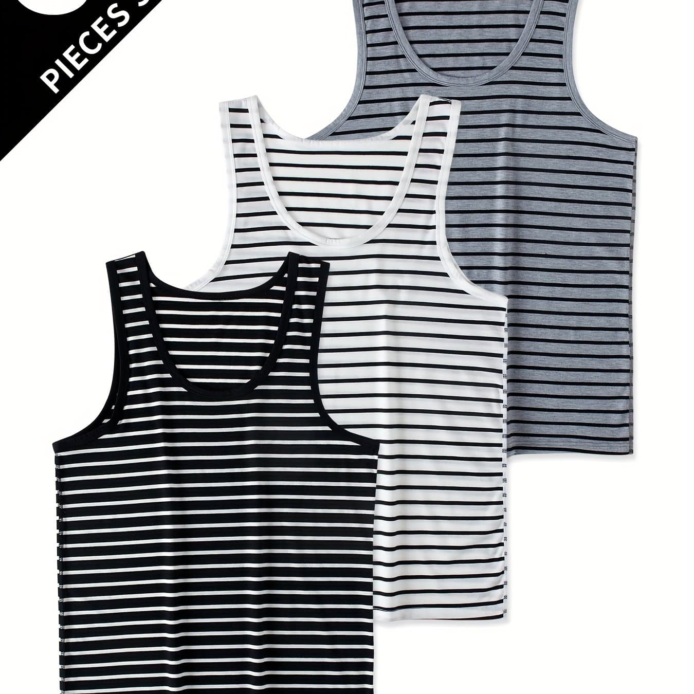 TEMU 3pcs Set Men's Vest Fitness Hurdle Casual Sports Breathable Sweatshirt Striped Print Vest Sleeveless Round Neck Top