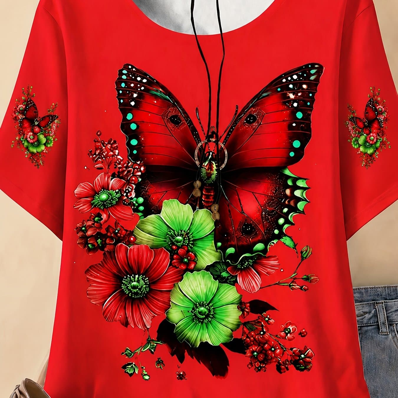 TEMU Women's Floral Print T-shirt- Vibrant Pink And Purple Design, Spring/summer Short Sleeve Round Neck Casual Top, Summer Top| Vibrant Printed Top| Shiny Fabric, Women's T-shirt