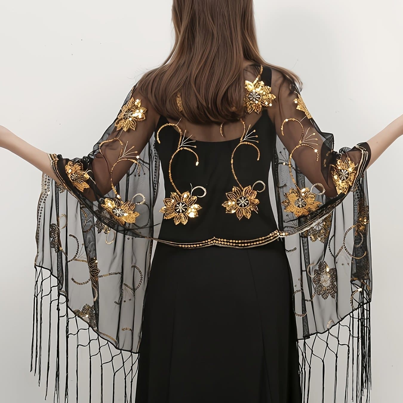 TEMU Plus Size, Plus Size Light Luxury Shimmering Golden Banquet Date Evening Gown Shawl Fringe Gilded Stole Women's Shawl