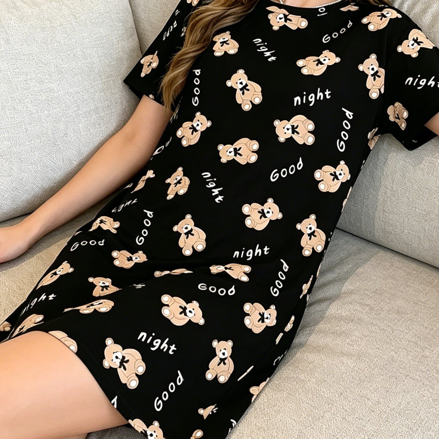 TEMU Women's Spring/summer Casual Pajamas, Cute Bear And Letter Print Soft And Comfortable Short Sleeve Round Neck Nightgown/