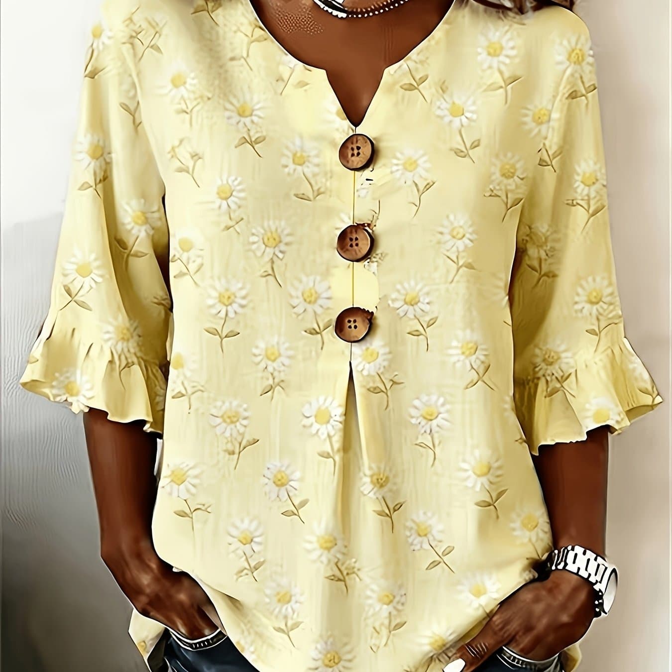 TEMU Plus Size - Plus Size - Women's Floral V-neck Short Sleeve Printed Retro Spring Summer Casual Top