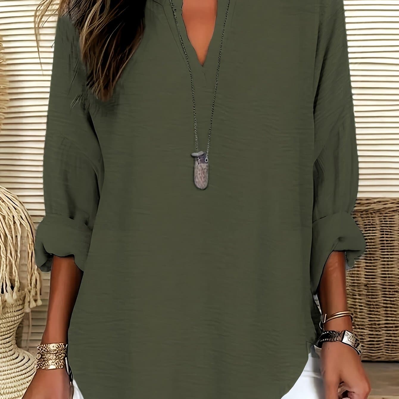 TEMU Plus Size - 2025 Spring/summer , Lazy Style, Notched V-neck, Drop Shoulder, Solid Color, Long Sleeves, Curved Hem, Plus Size Women's Top