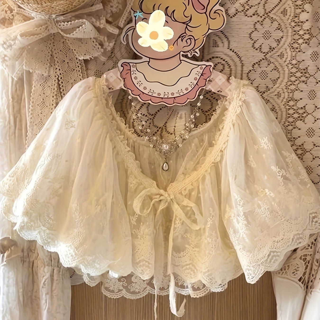 TEMU Forest-style Japanese And Korean Double-layer Lace Sweet Lace-up Lolita Style Layering Skirt, With A Shawl, Autumn/winter Artistic Vintage Style