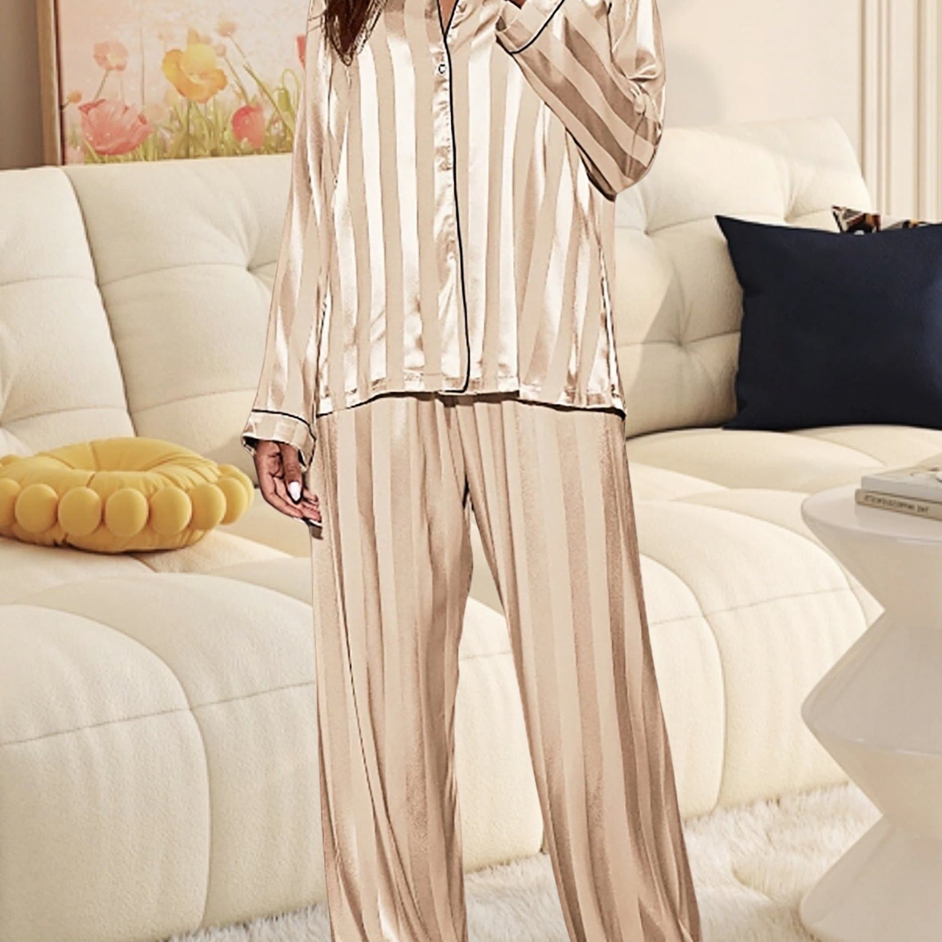 TEMU Women's Satin Pajama Set, Long Sleeve Button Lapel Top And Elastic Pants, Women's Striped Pajamas