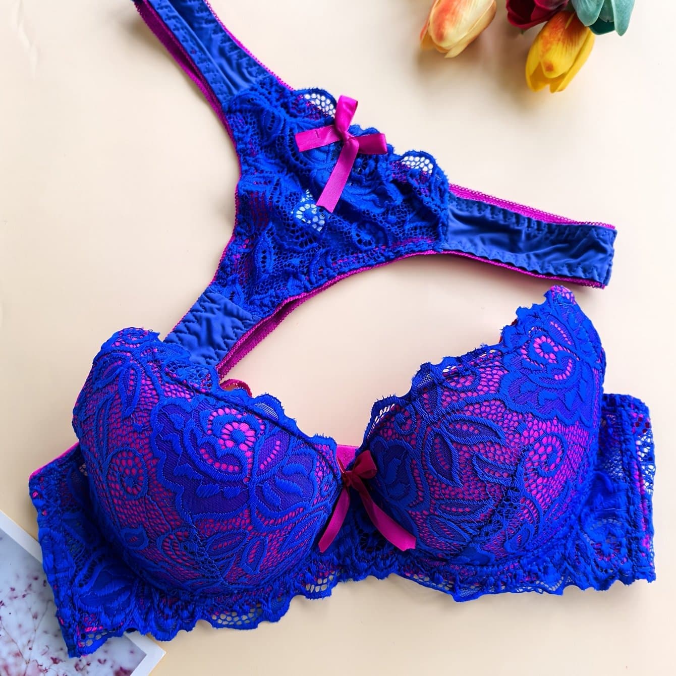 TEMU High-quality Sexy Women's Bra And Thong Panty Set With Exquisite Deep V Neckline