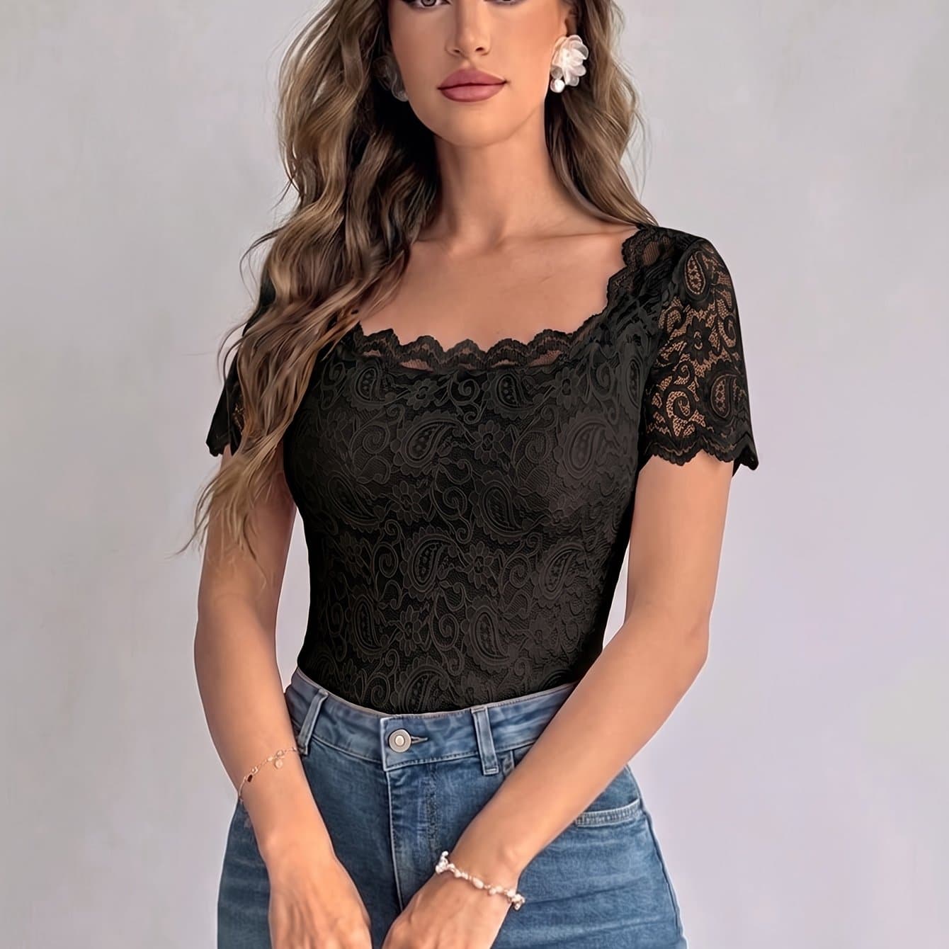 TEMU Lace Square Neck Short Sleeve Women's Summer Elegant Mother's Day Summer Outfit Top