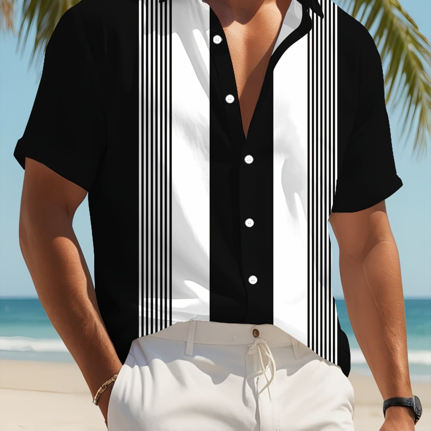TEMU 3d Printed Striped Men's Shirt, Trendy Streetwear Top