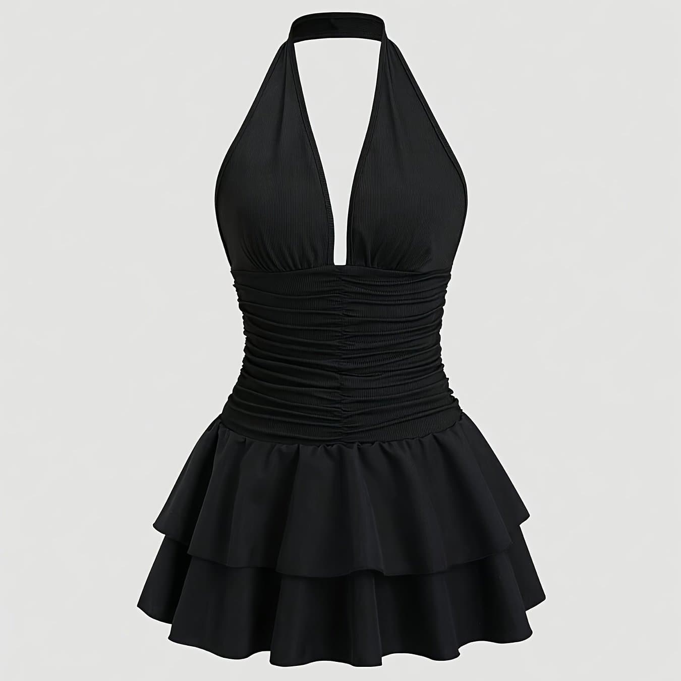 TEMU New Women's Off-shoulder Backless Dress, Ruched V-neck Double-layer Fabric, Ribbed Material Stretch Hem