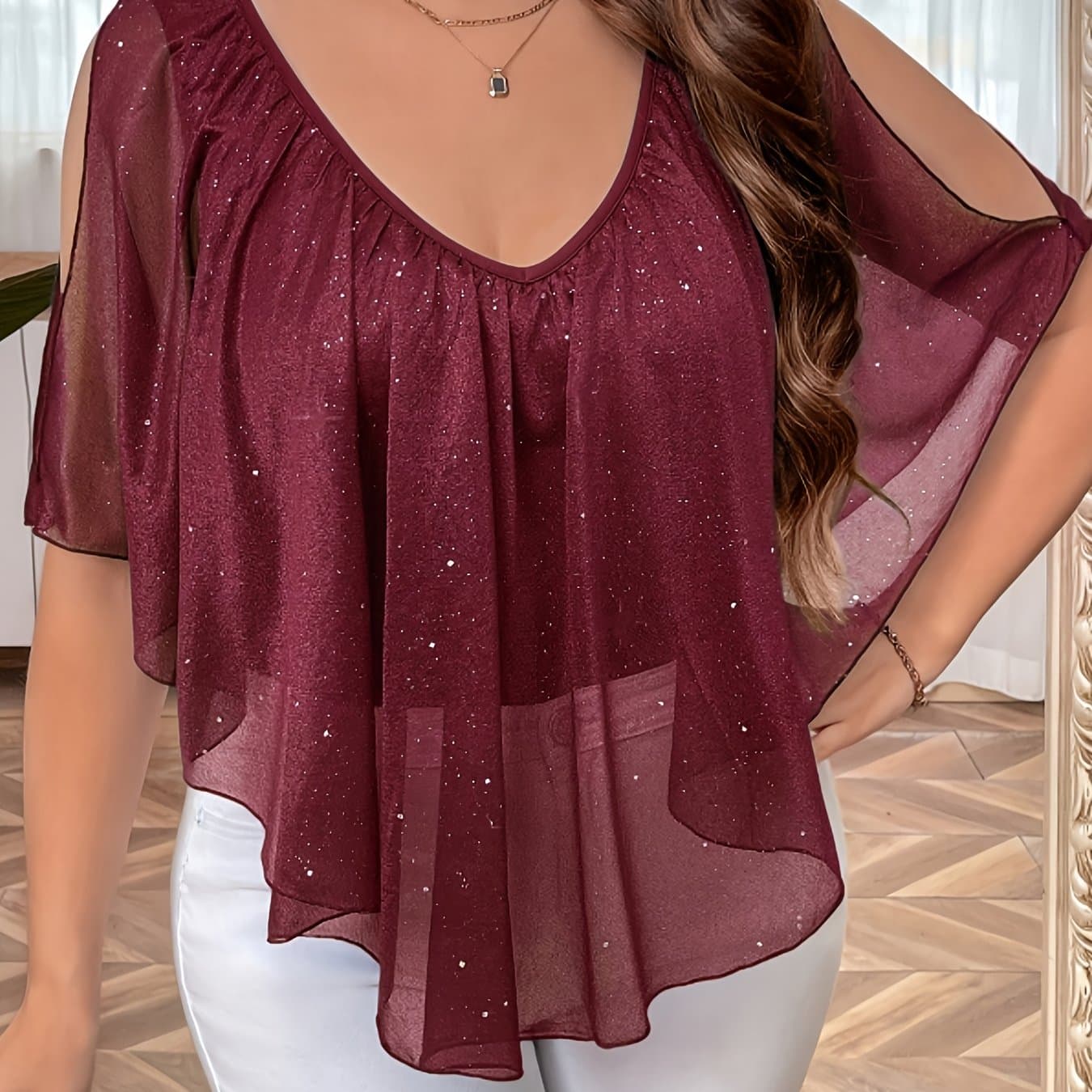 TEMU Plus Size - Plus Size - Border European And American Solid Color V Neck Pleated Minimalist T-shirt