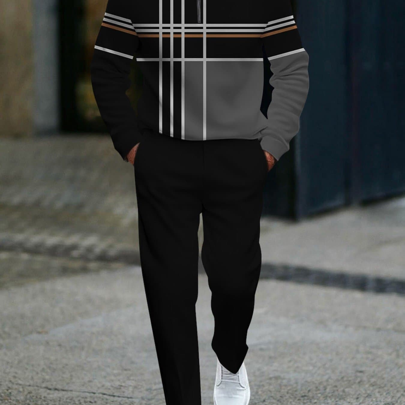 TEMU Men's Stylish Casual Tracksuit Featuring A Zip Neck Design, Showcasing A Style With A Black, Gray, And White Gradient Along With A Brown Striped Grid Pattern, Perfect For Adult Casual Wear