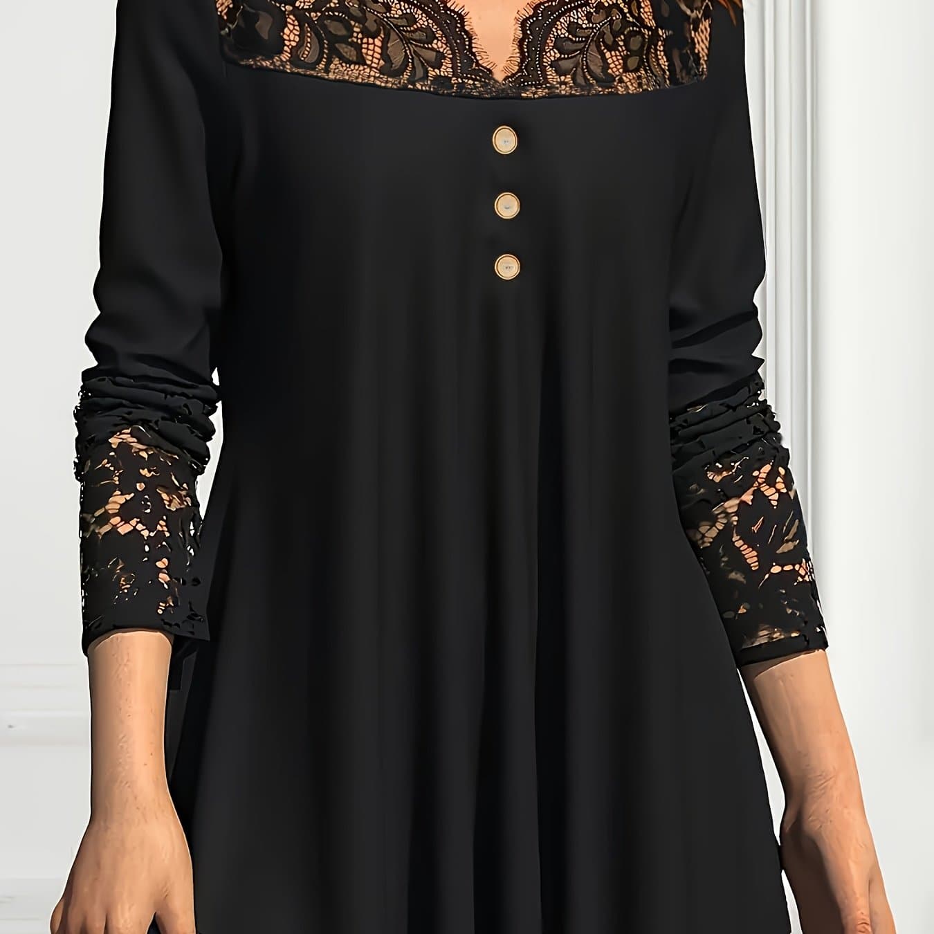 TEMU Plus Size, Plus Size Fashionable Solid Color Contrast Lace Splicing Neckline Long Sleeve Loose Fit Maxi T-shirt