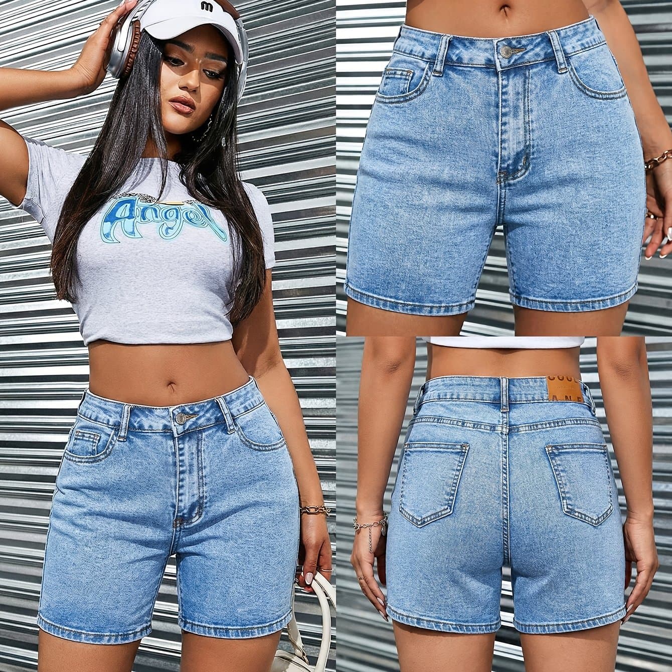 TEMU Women's High Shorts, Light Blue Washed Slim Fit Shorts, Minimal Solid , Summer Casual Versatile Hot Pants