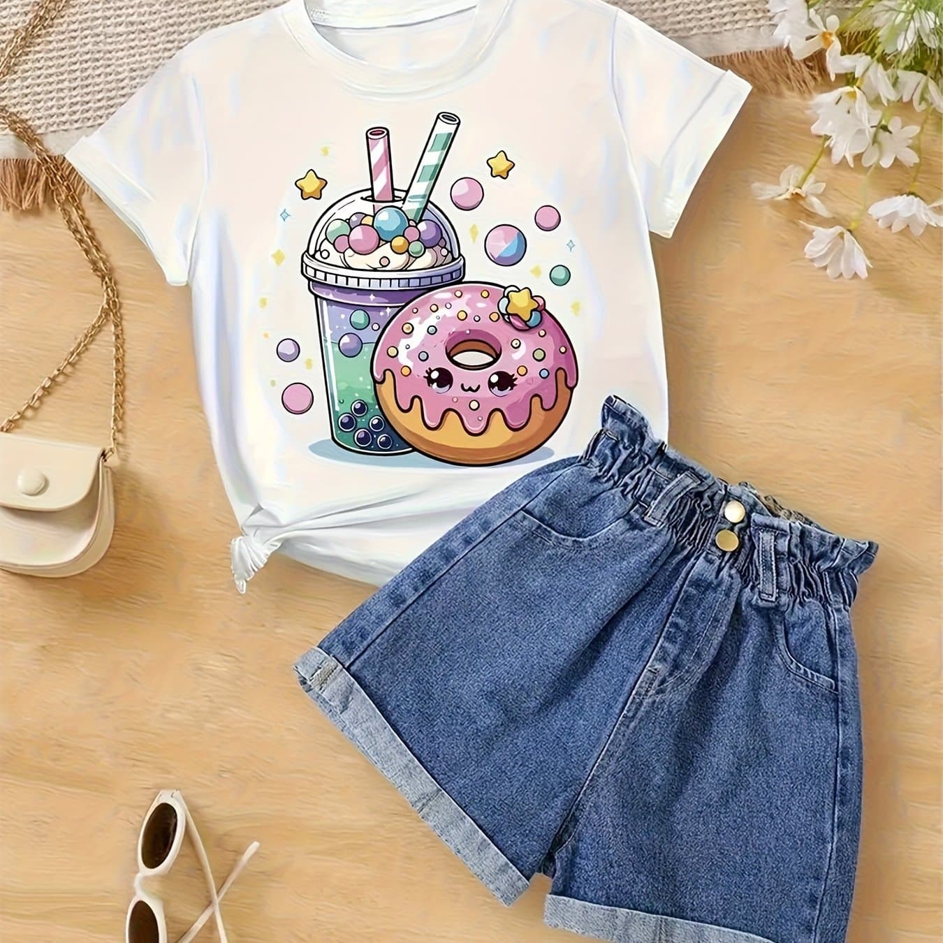 TEMU Girl's T-shirt | 100% Cotton | Tea Pattern Print | Suitable For Summer Casual Outdoor | Gift For Holidays | Birthday Gift
