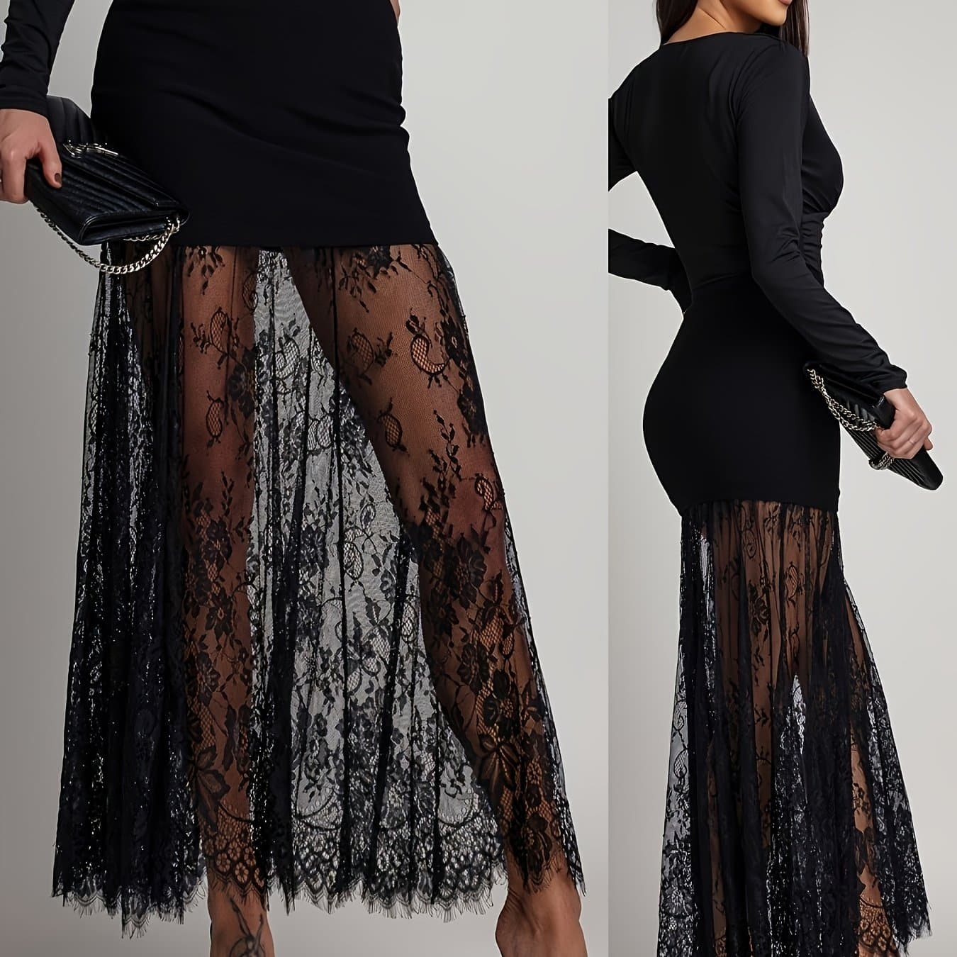 TEMU More Elegant Bodycon Skirt With Pointed Edges, Black Lace Tassel Exquisite Detail Sheer High-waist Elastic Waist Long Skirt, Elegant Style Women's Half Skirt, Daily Wear, Outdoor Travel, All Wear