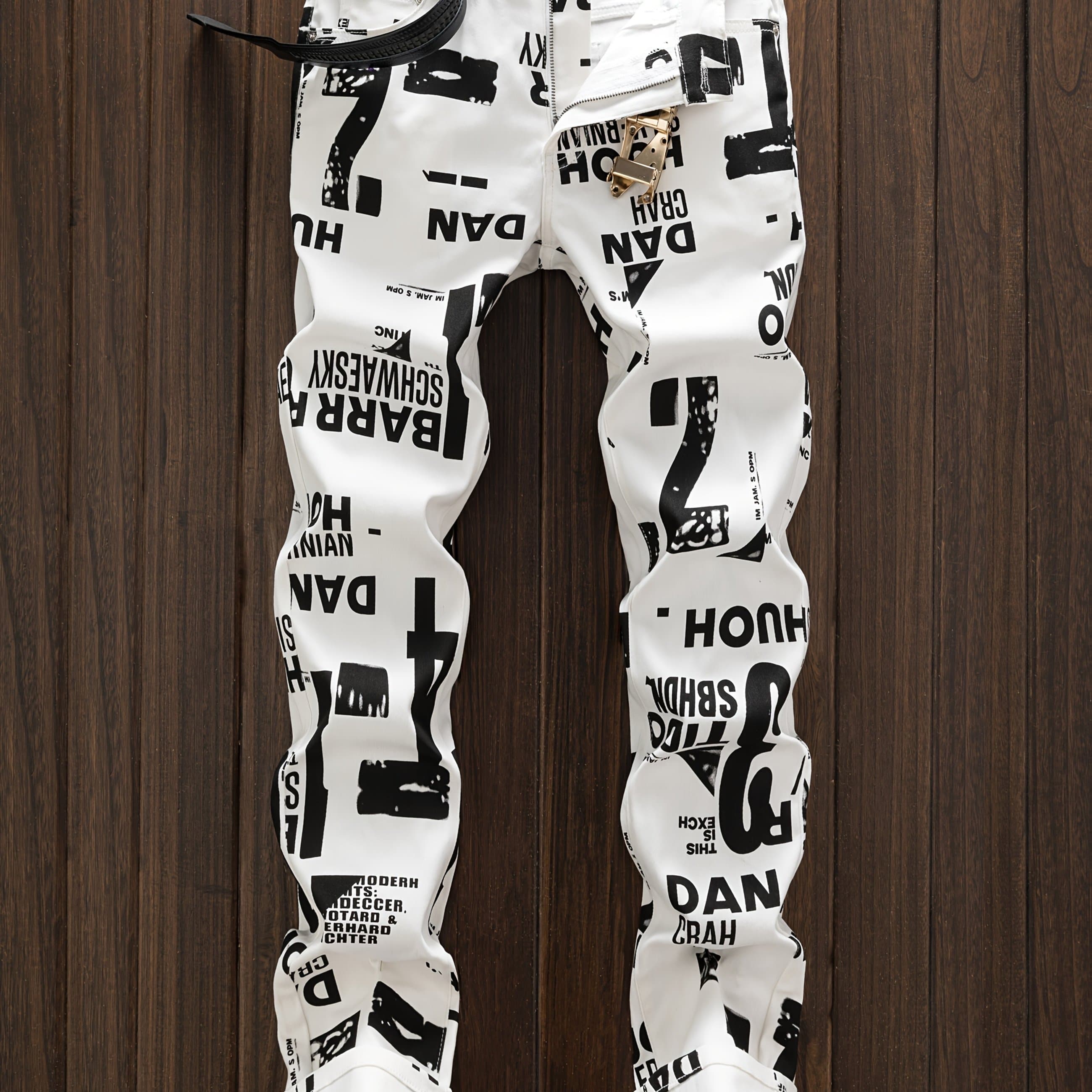 TEMU Men's Slim-fit Streetwear Straight-leg Jeans With Letter Print - Black & White Casual Denim Pants For All , Comfortable And Stylish, Street Style Pants|sleek Jeans|durable Denim