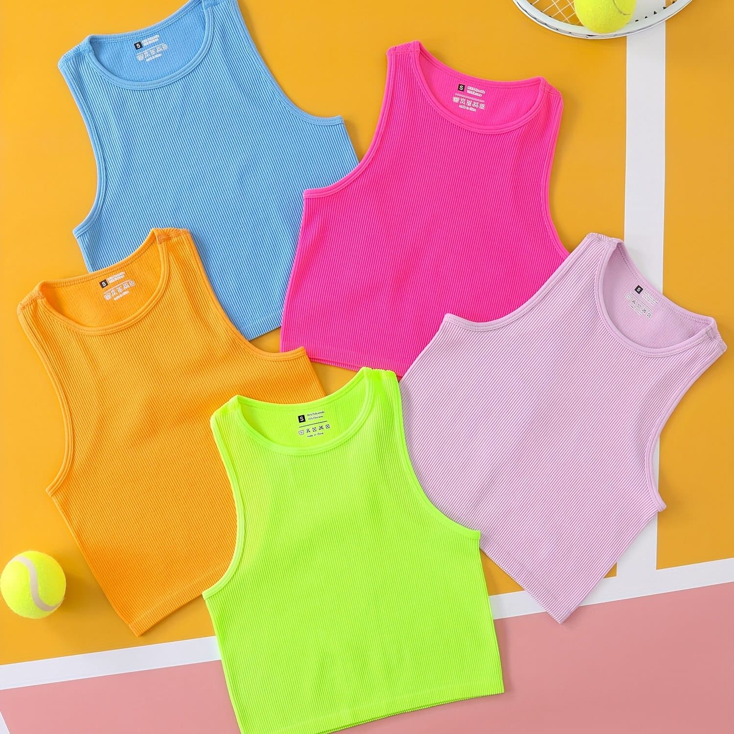 TEMU Fly 5-pack Seamless Ribbed Crop Tank Tops For Women Soft Breathable, No Padding, 5 Solid Colors, Comfortable Activewear For Yoga, Gym, Workout & Casual Wear