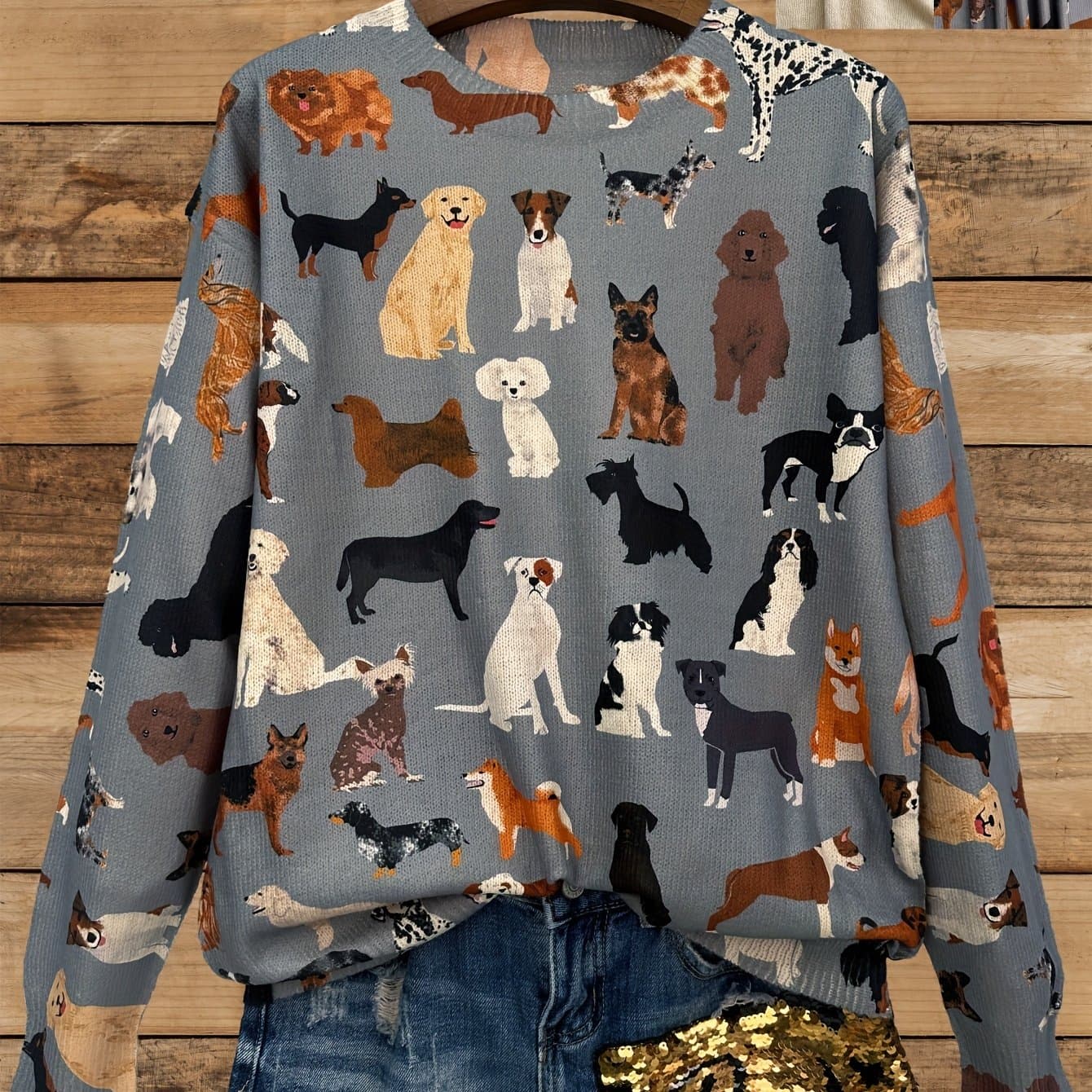 TEMU Lightweight Sweater Featuring An All- Of Dogs In A Round Neck, Long Sleeve Design, Perfect For Casual Fashion