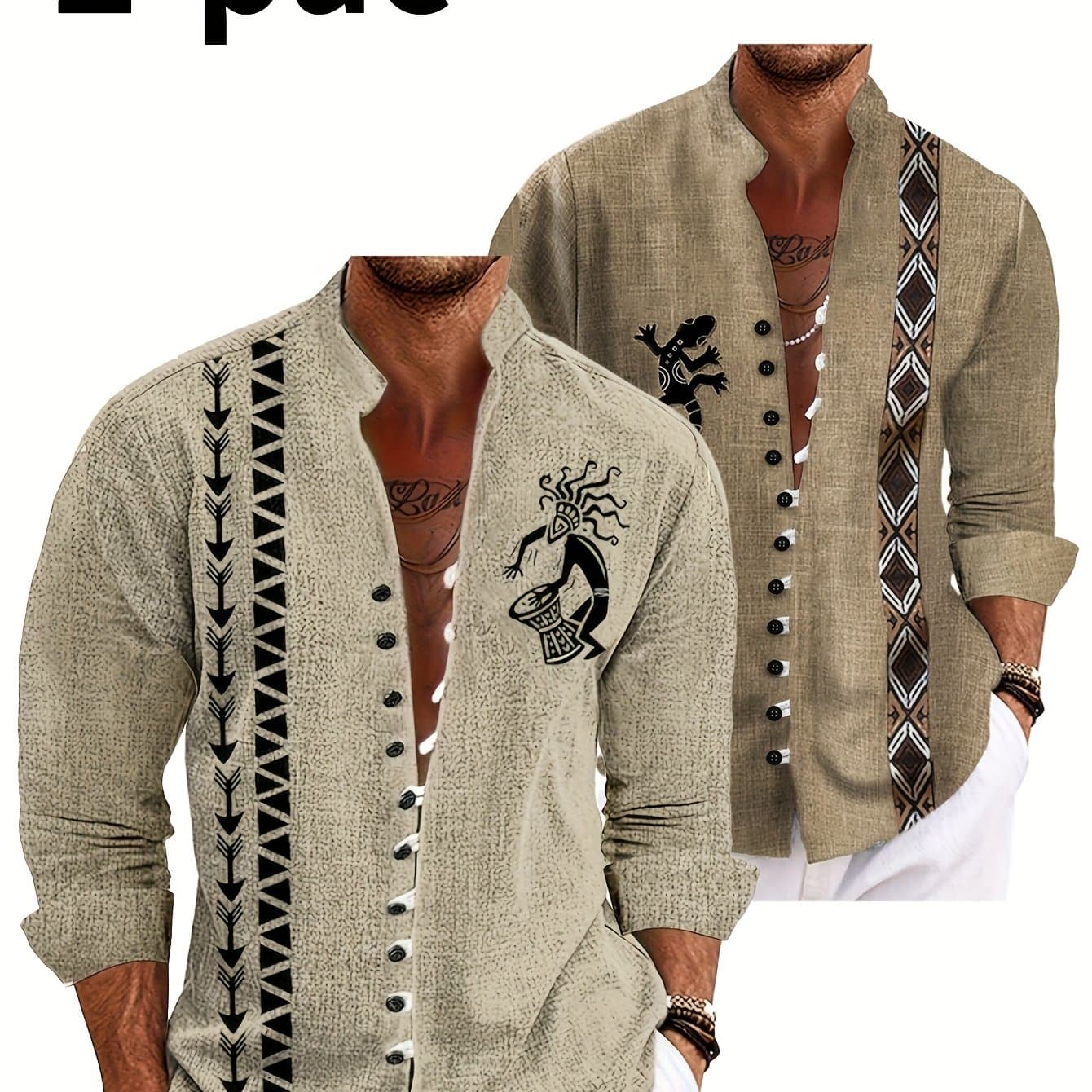 TEMU 2 - Pack Men's Ethnic - Style Long - Sleeve Shirts - Featuring Geometric And Totem Prints, Chinese - Style Standing Collar Design, Comfortable Material, Ideal For Casual Vacations And Daily