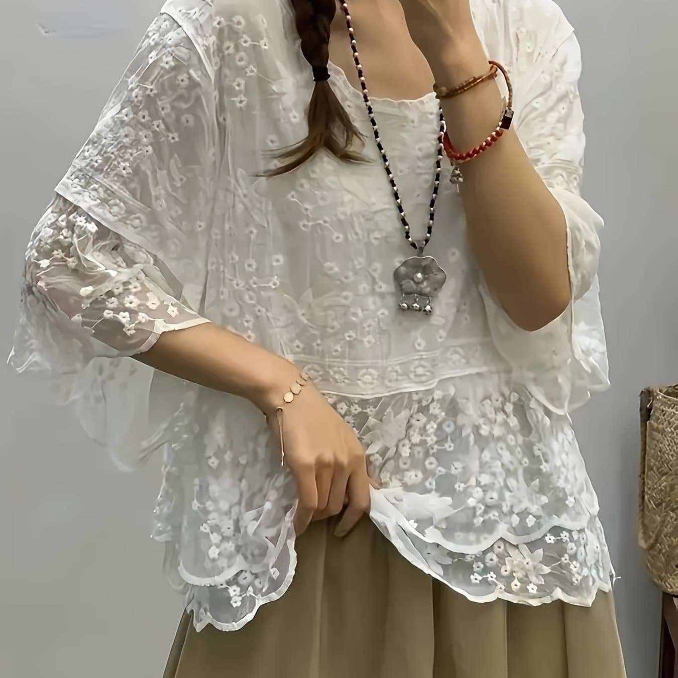 TEMU Bohemian Style Embroidered V-neck Hollow-out Flared Sleeve Lightweight Pullover Top