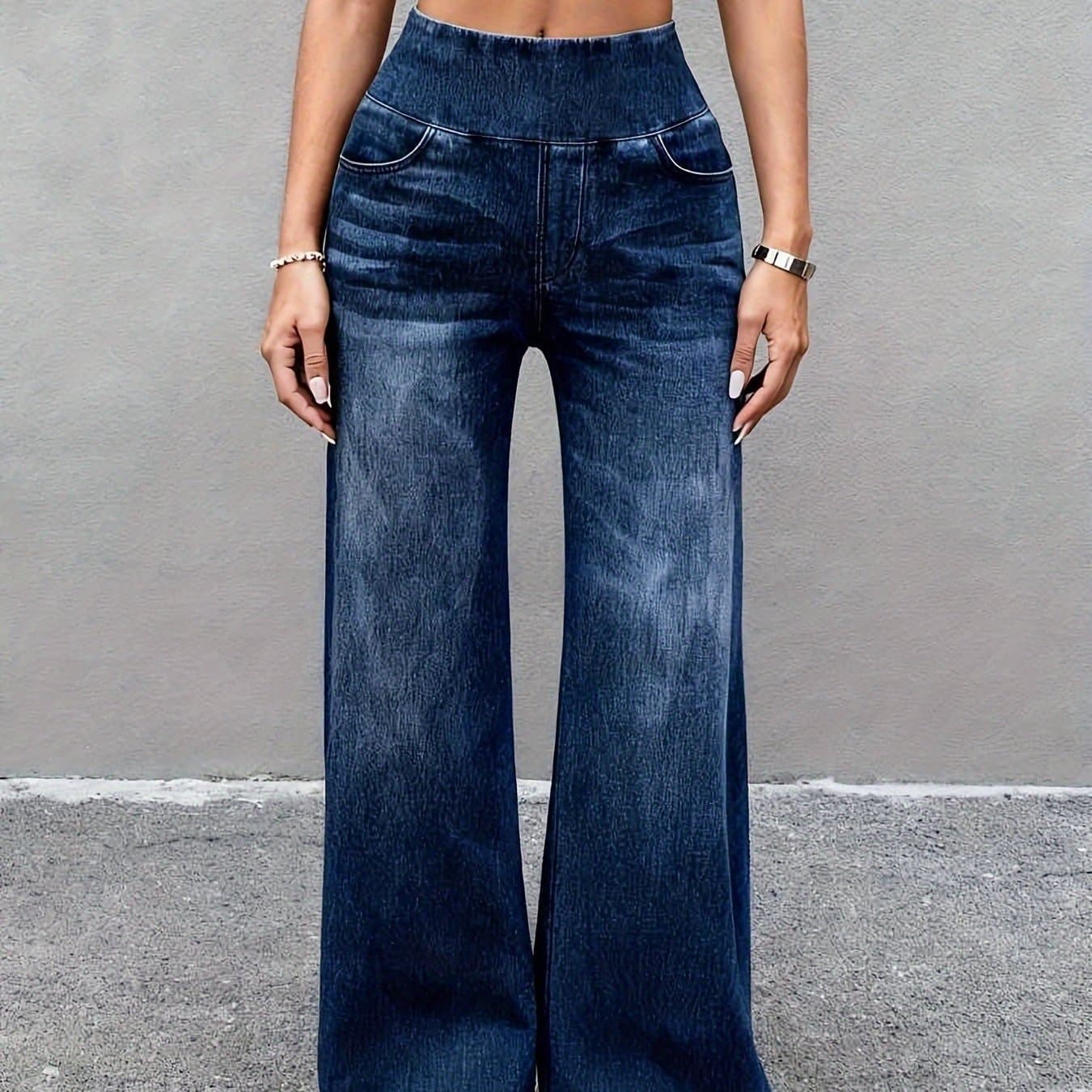 TEMU Women's Washed High-waisted Wide-leg Jeans Stretch Waistband With Drapey Straight Legs Relaxed Fit Trendy Denim Pants