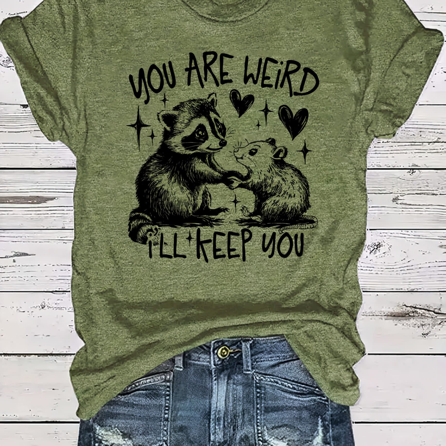 TEMU Raccoon Letter Printed Women's Summer Dress Combination Version Round Neck T-shirt