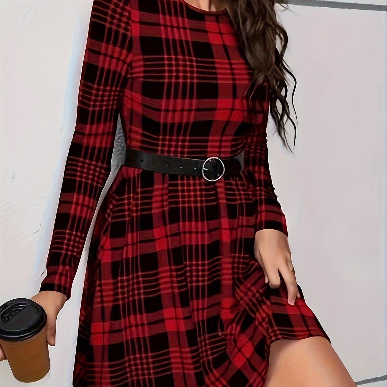 TEMU Targeted Fashion Christmas Print Women's Dress Autumn And Winter Casual Elegant Round Neck Waist Long Sleeve Women's Dress No Belt
