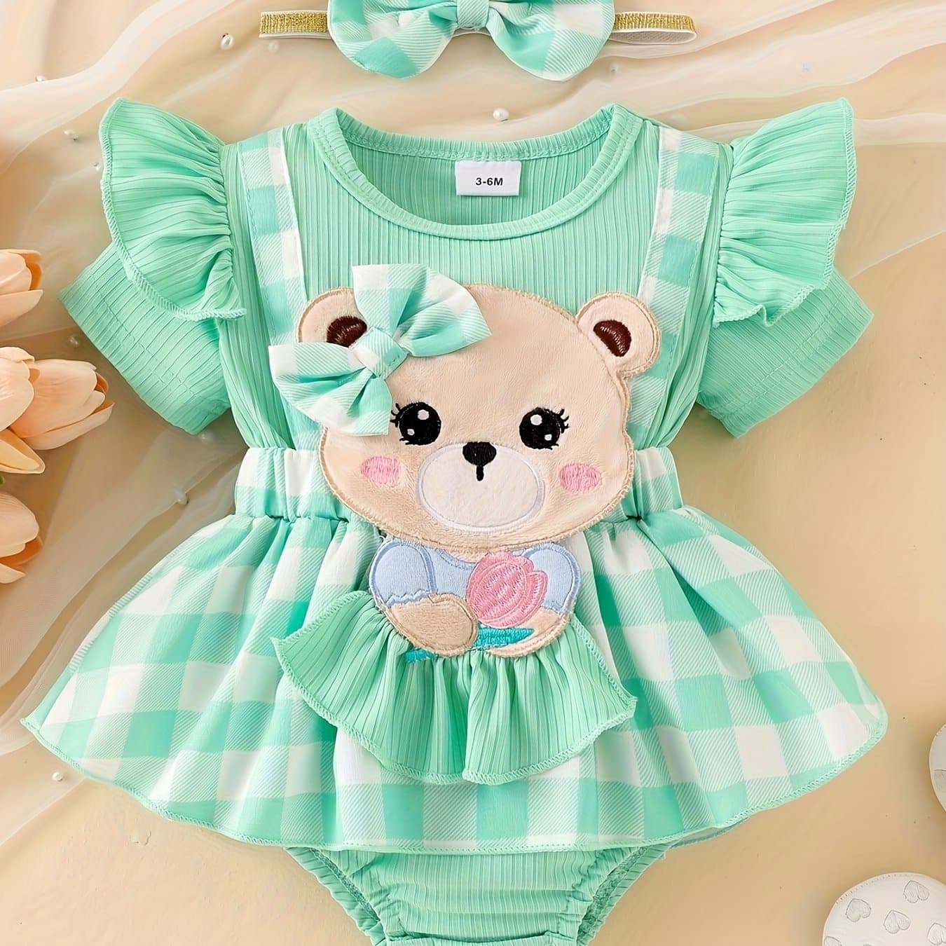 TEMU 0-18m Cute Little Girl Jumpsuit Dress With Patch Short Sleeved Jumpsuit Bow Headband