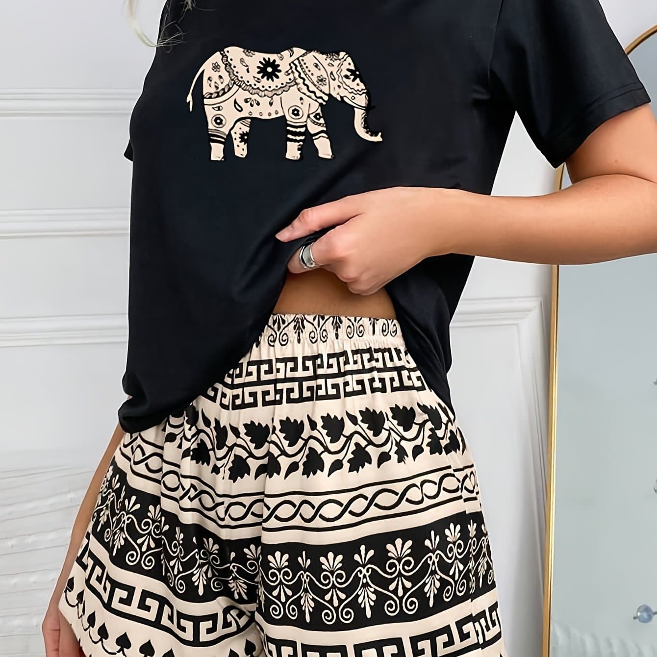 TEMU Simple Casual Elephant Pattern Women's Pajama Set