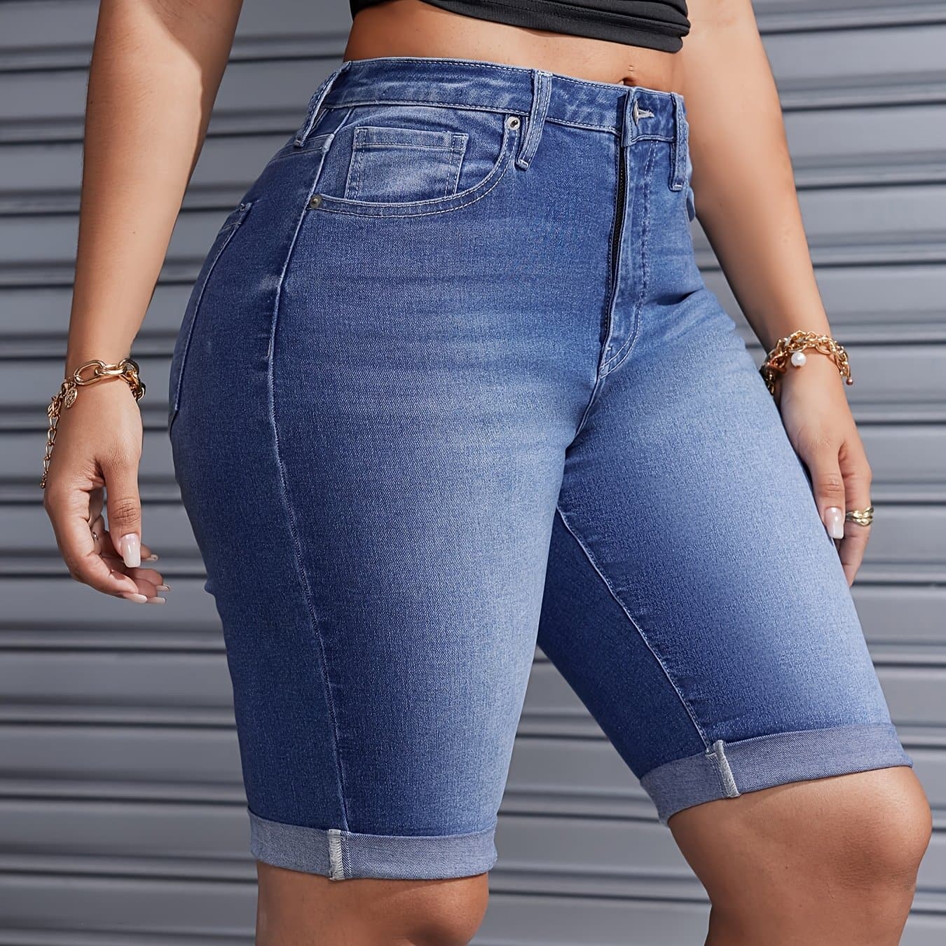 TEMU Women's Mid-waist Roll Cuff Bermuda Stretch Denim Shorts Everyday Everything Suitable For Daily Wear Suitable For Gifts