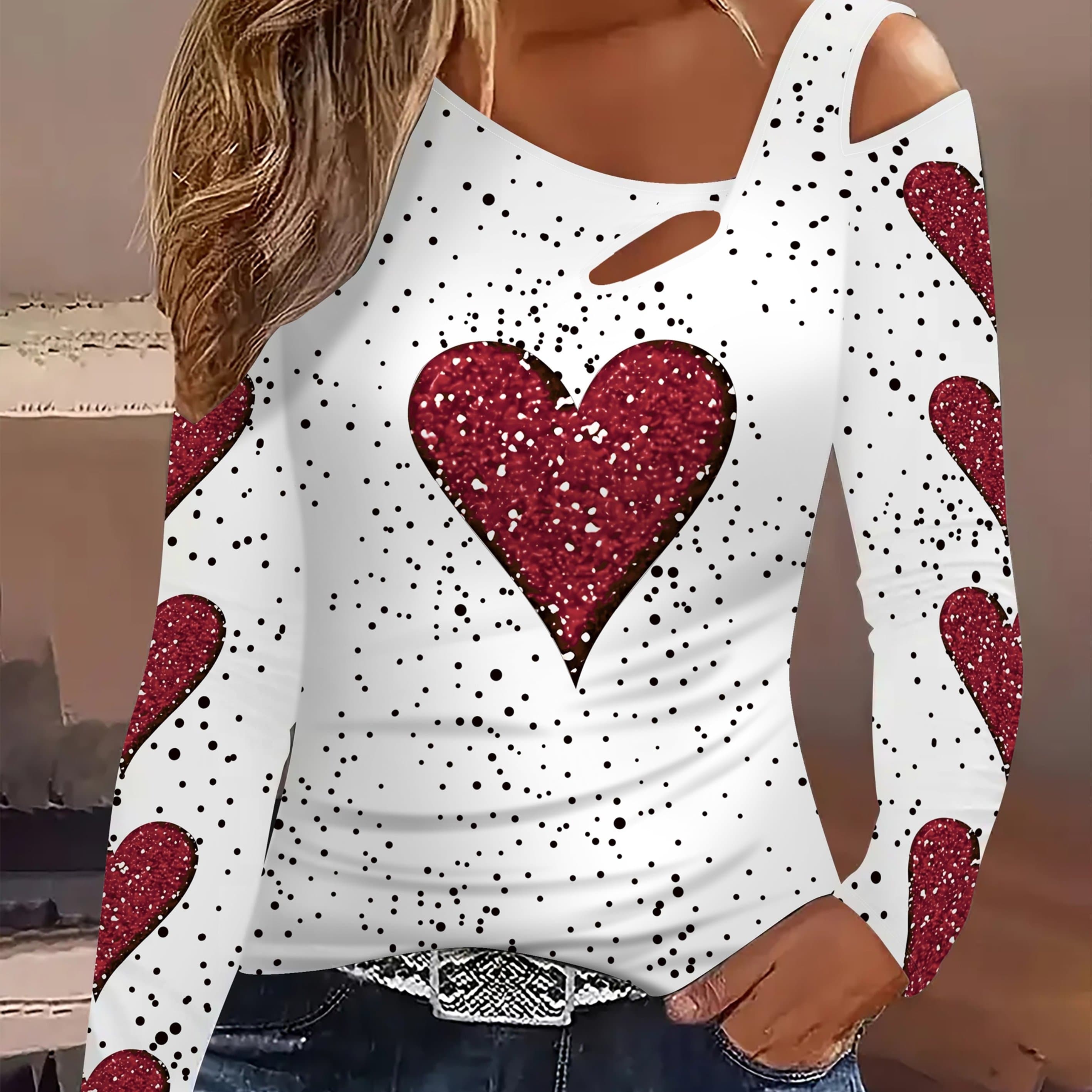 TEMU Valentine's Day Elegant Asymmetrical Off-shoulder Long Sleeve Printed T-shirt, Fashionable And Elegant Print Top