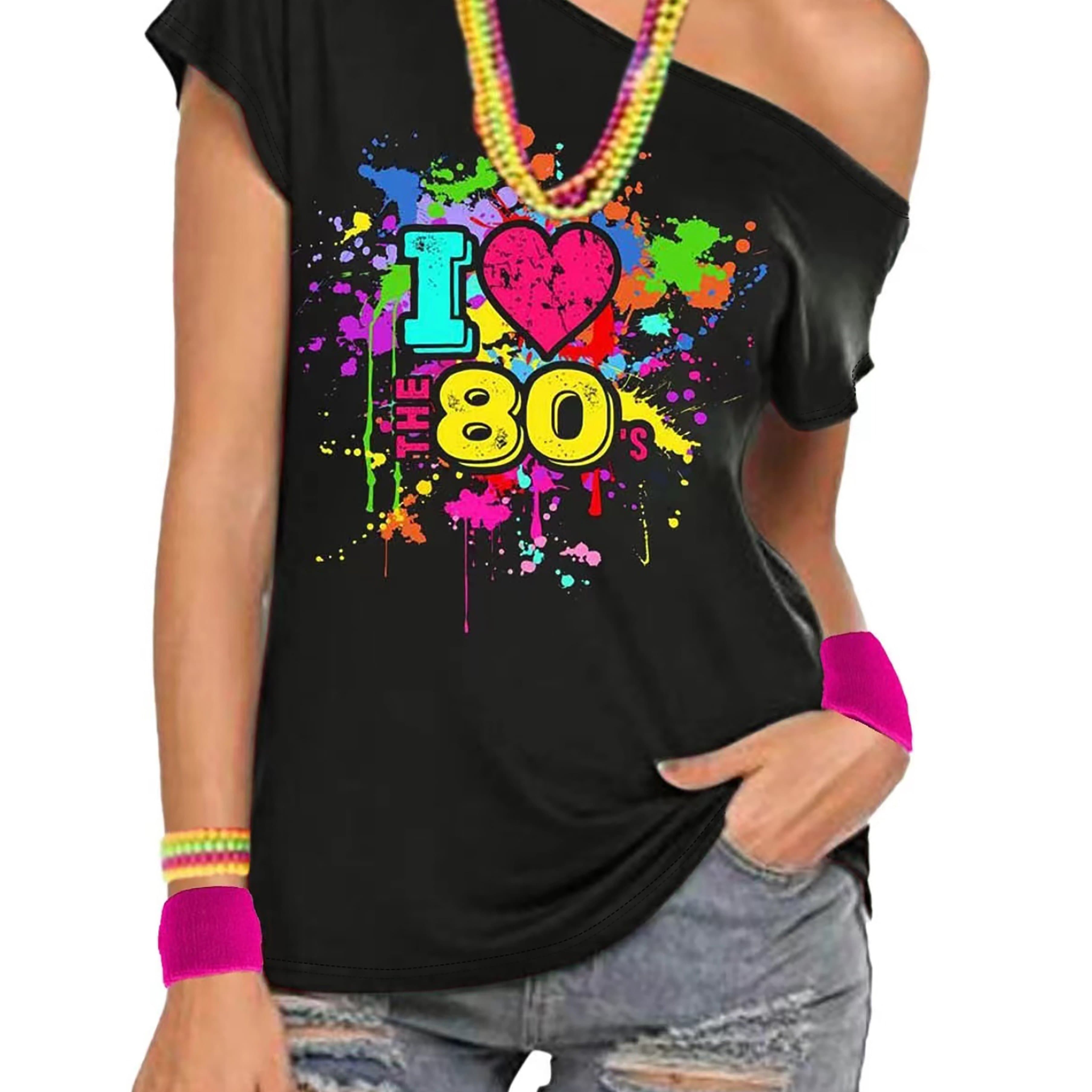 TEMU Retro-inspired "i Love The '80s" Off-shoulder T-shirt For Women - Sexy, Slim Fit With Vibrant Graphic, Polyester, Machine Washable - Perfect For Nostalgic Parties