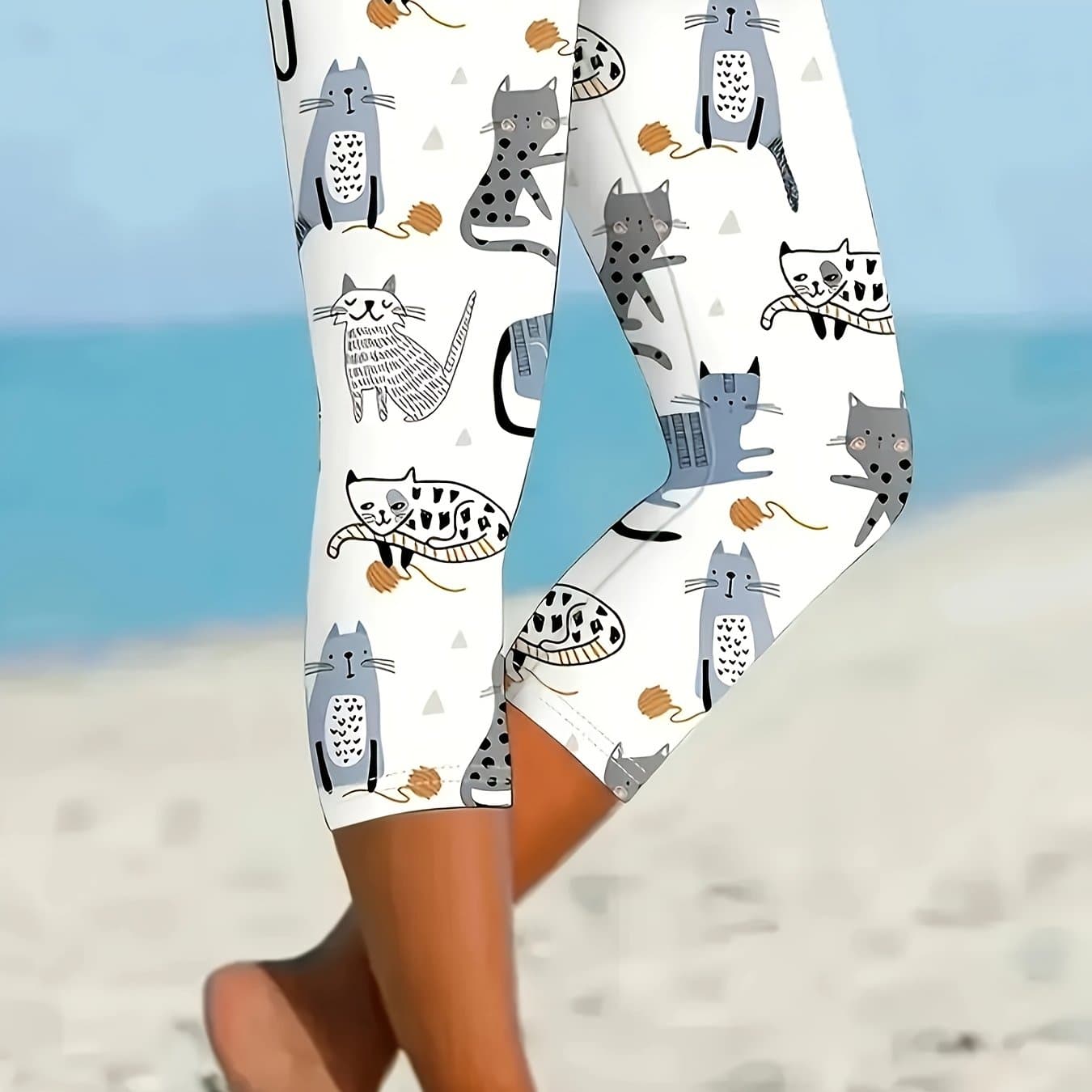 TEMU Women's Elegant Cat Print Capri Leggings - Stretchy 7/8 Length Yoga Pants With Animal Design, Lightweight Summer Workout & Casual Wear, Machine Washable, Yoga Leggings, Casual Attire, Pattern,