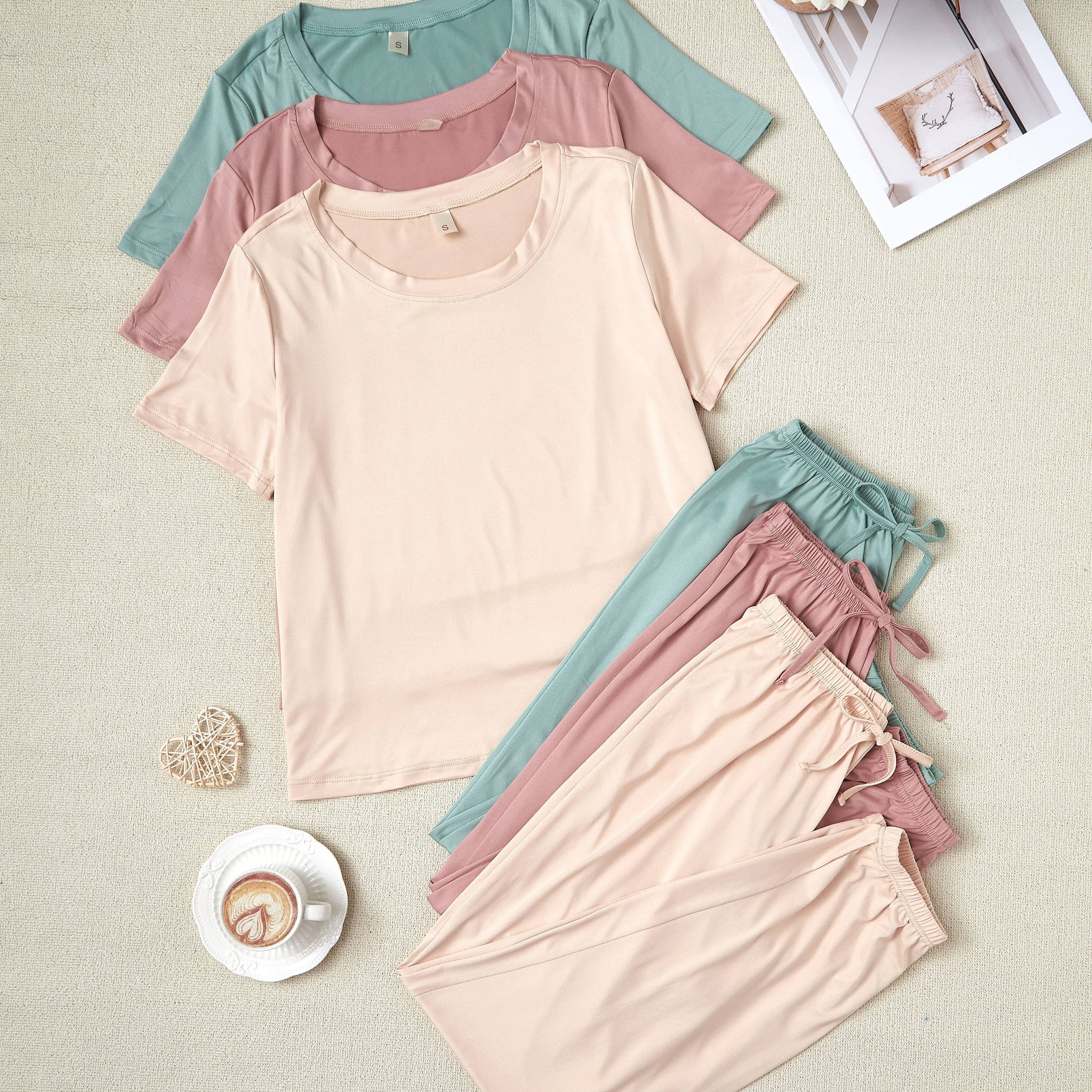 TEMU 6pcs Set Of New Women's Pajamas, 3pcs Set Of Short-sleeved Tops And 3 Long Pants, Clothes, Solid Color Set, 3pcs Set Of Pajamas