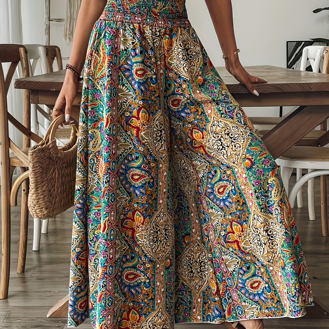 TEMU Women's Paisley Print High-waist Wide-leg Holiday Straight-leg Pants