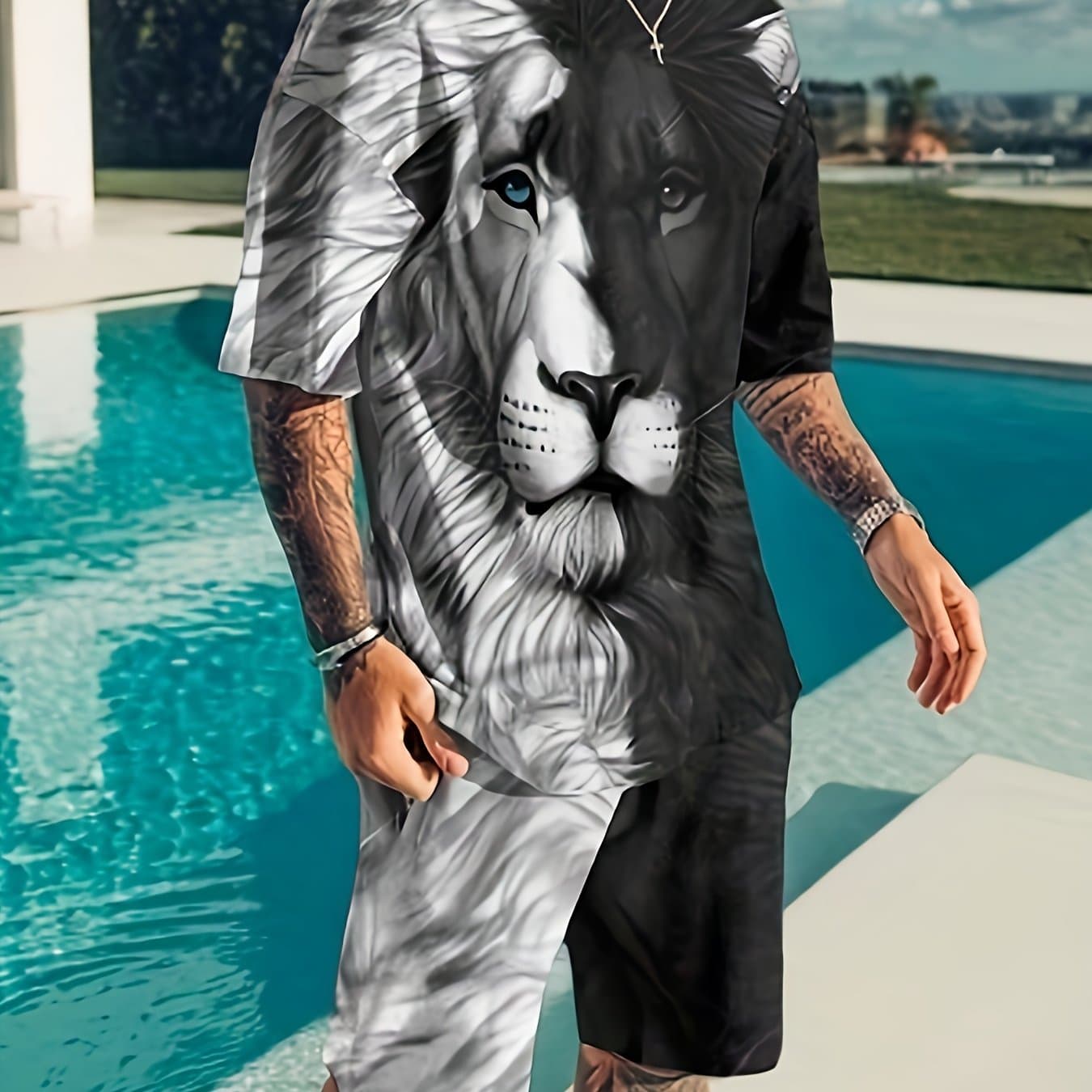 TEMU Plus Size Men's 2 Piece Summer Casual Suit Color Block Lion Print Short Sleeve T Shirt And Track Shorts Set Holiday Lounge Beach Sports Suit