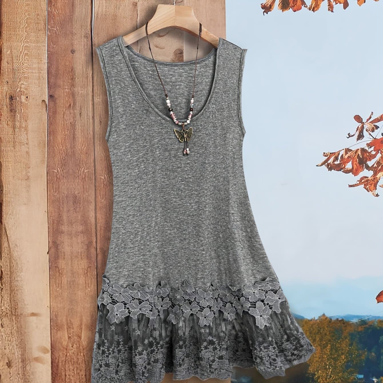 TEMU Fashionable Lace Hollow Lace Vest Round Neck Sleeveless Women's Dress
