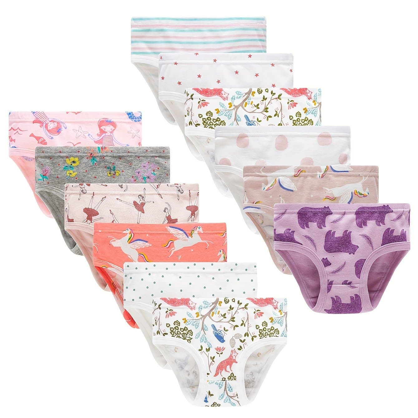TEMU 12 Pack Girls' 100% Cotton Underwear - Cute Mermaid, (), Fox, Teddy Bear & Stripes Briefs | Semi-sheer Breathable Panties For To Teen Girls | , Wash Care