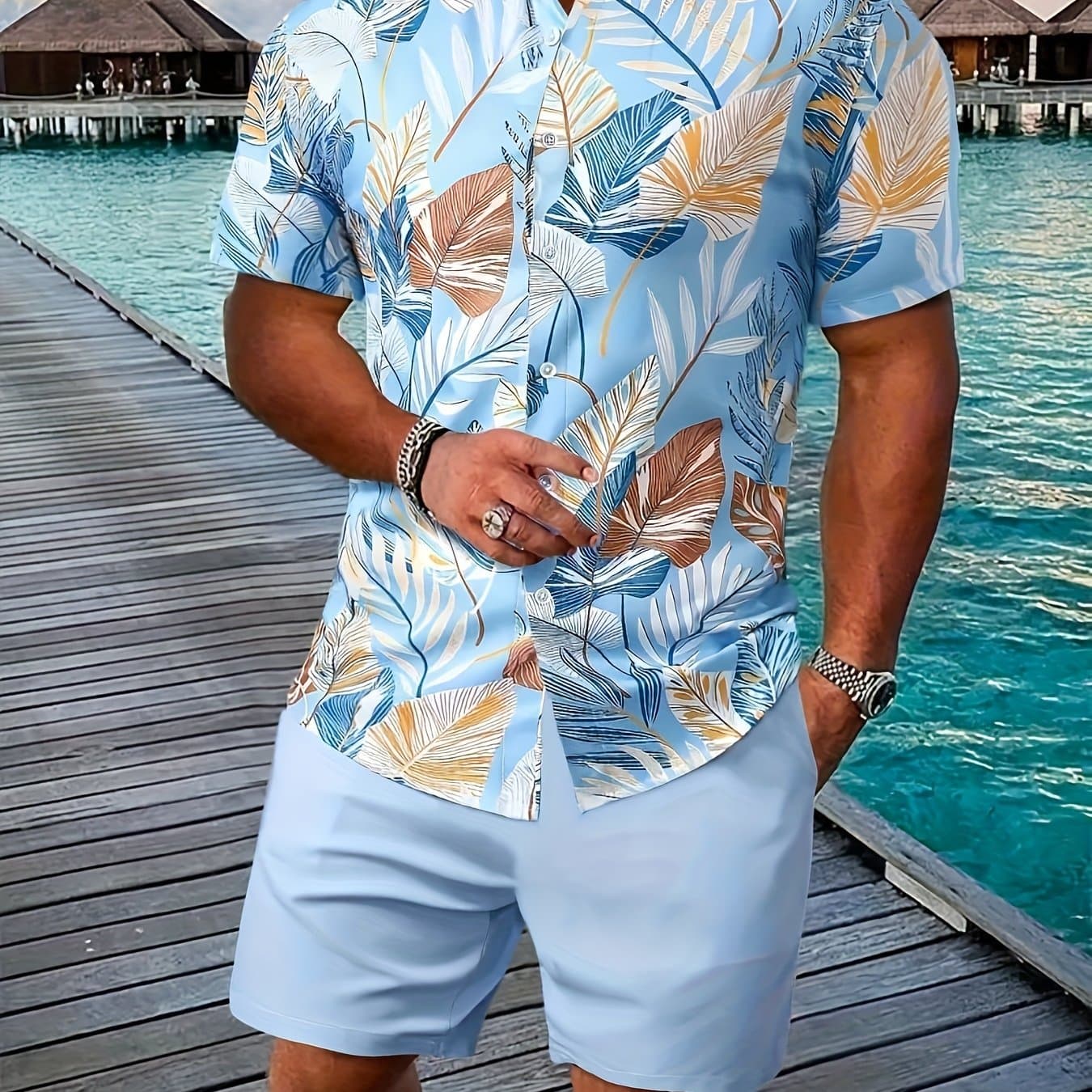 TEMU 2pcs Print Men's Summer Short Sleeve Button-up Shirt And Shorts Set