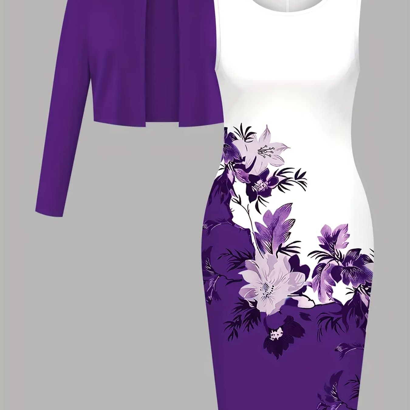 TEMU Women's Spring And Summer Casual And Elegant High Solid Color Cardigan And Floral Print Dress 2pcs Set Fabric Comfortable