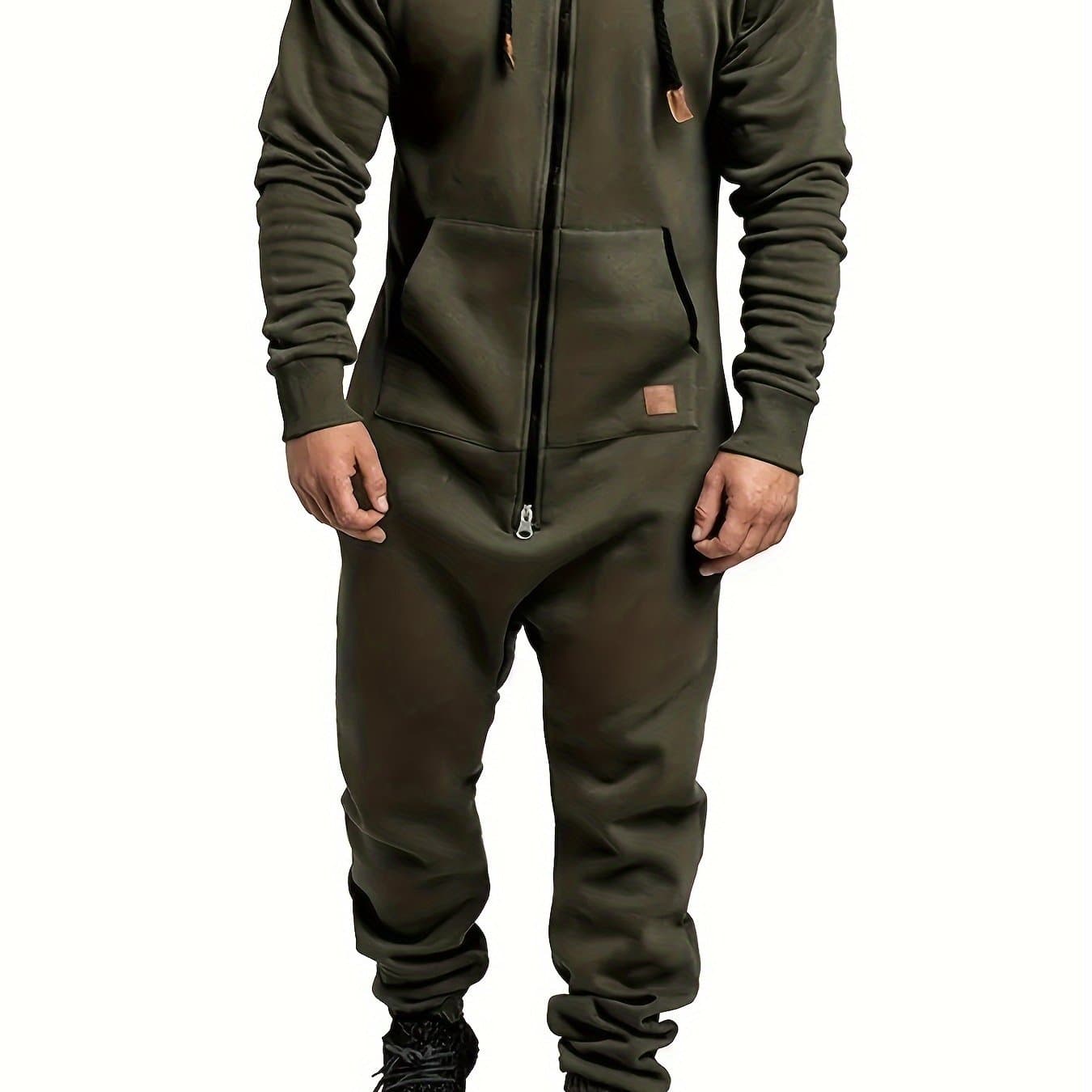 TEMU 's Hooded Fleece Lined Jumpsuit, Long Sleeve Full Zip Jumpsuit With Kangaroo Pocket Suitable For Spring Travel To