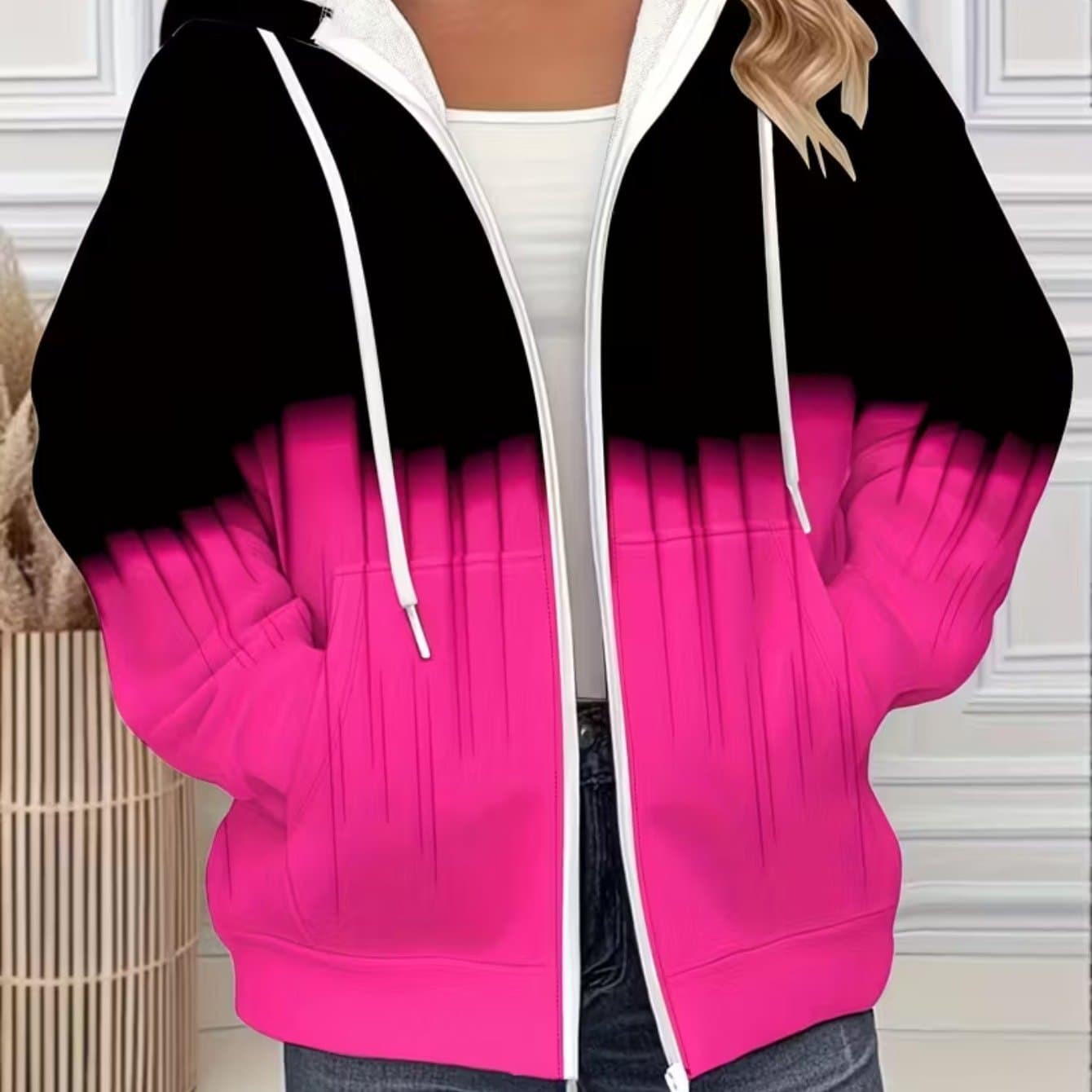 TEMU Plus Size, Women's 3d , Stylish Black To Pink Print Zip-up Hooded Jacket – Casual Loose Fit Sweatshirt With Pockets, Long Sleeves, And Front Zipper Detail V-neck Design, The For Autumn And Winter