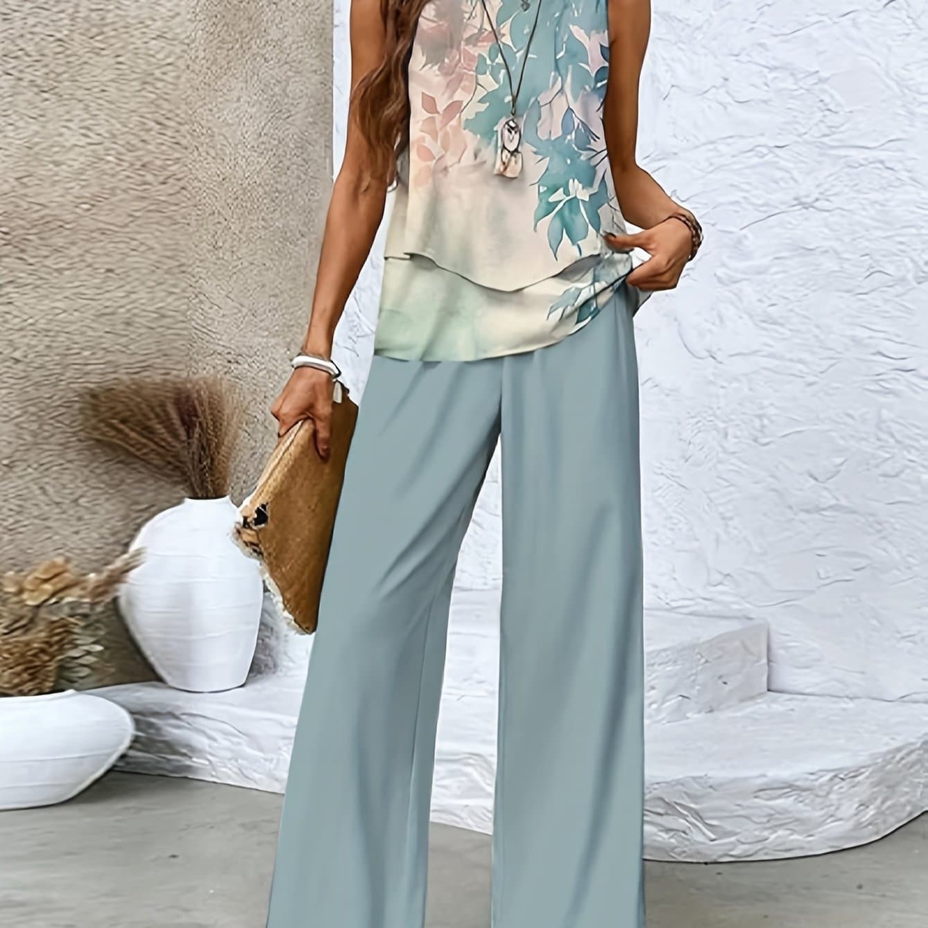 TEMU Directional Development - New Twill Plant Stripe Neck Double Layer Sleeveless Vest Straight Pants Casual Comfortable Vest Suit