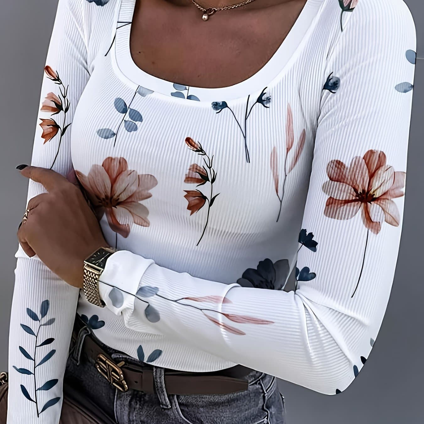 TEMU Women's Fashionable Casual Square Neck Floral Print Long T-shirt, /autumn Base Layer, Loose Fit, Versatile And Style, Floral Print, Machine Washable, Not Dry