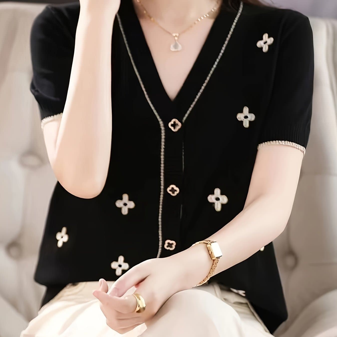 TEMU Short Sleeve Thin V-neck Top Small Fragrant Embroidered Cardigan