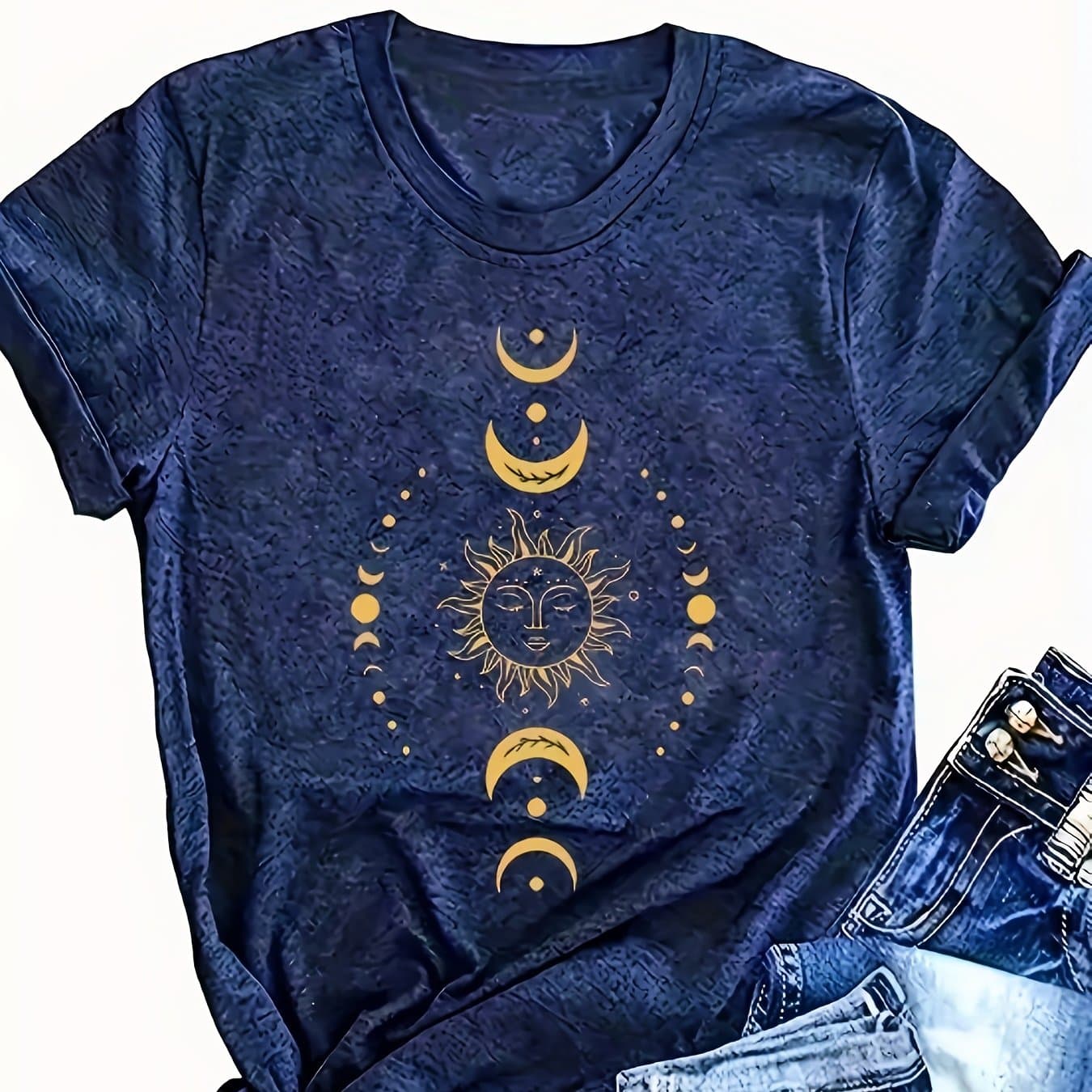 TEMU Women's Print T-shirt- Navy Blue Golden Casual Round Neck Short Sleeve Top, Breathable Machine Washable, Comfortable Versatile, Astronomical Theme, Soft Fabric, Loose Fit, Durable Trendy Print