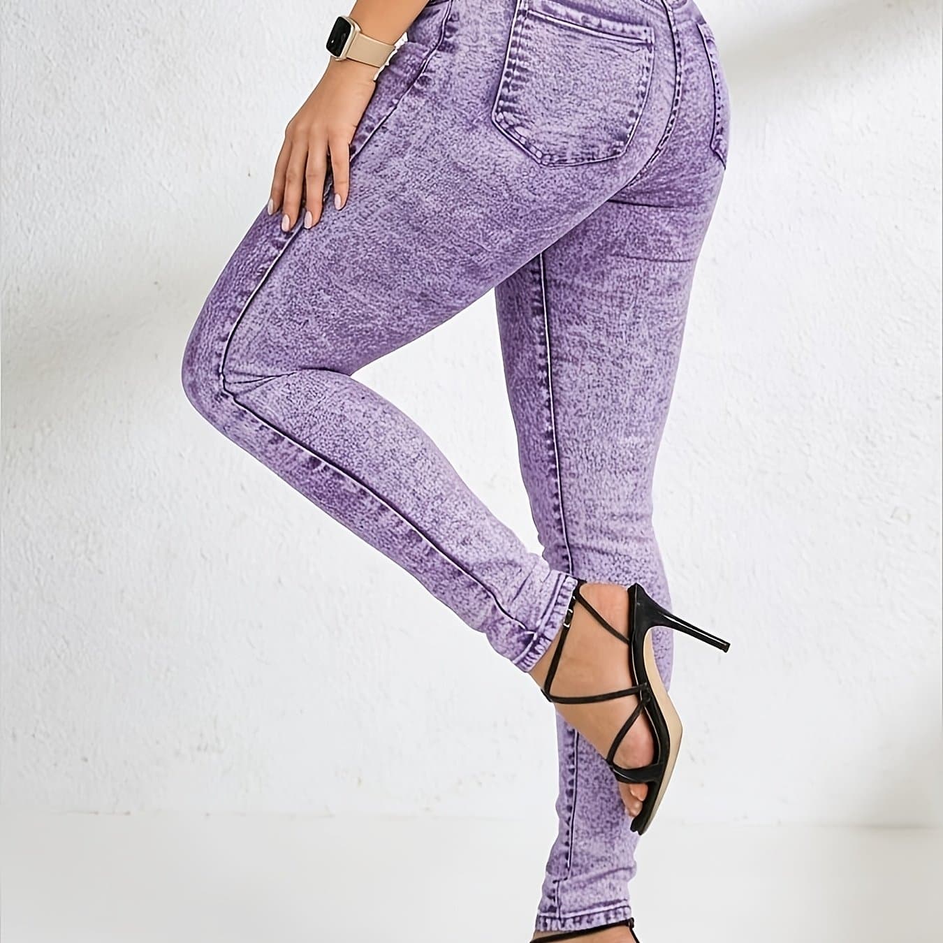 TEMU High Waisted Purple Fermented Washed Women's Jeans | Stretchy Slim Fit Hip Lifting Cropped Pants, Fashionable And Versatile For Casual Parties, Solid Color Fabric