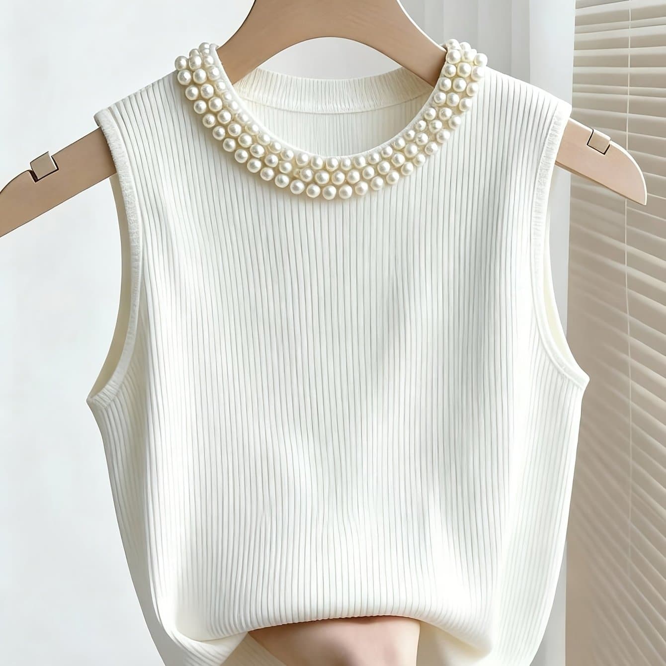 TEMU Women's Fashion Ribbed Pearl Embellished Solid Top