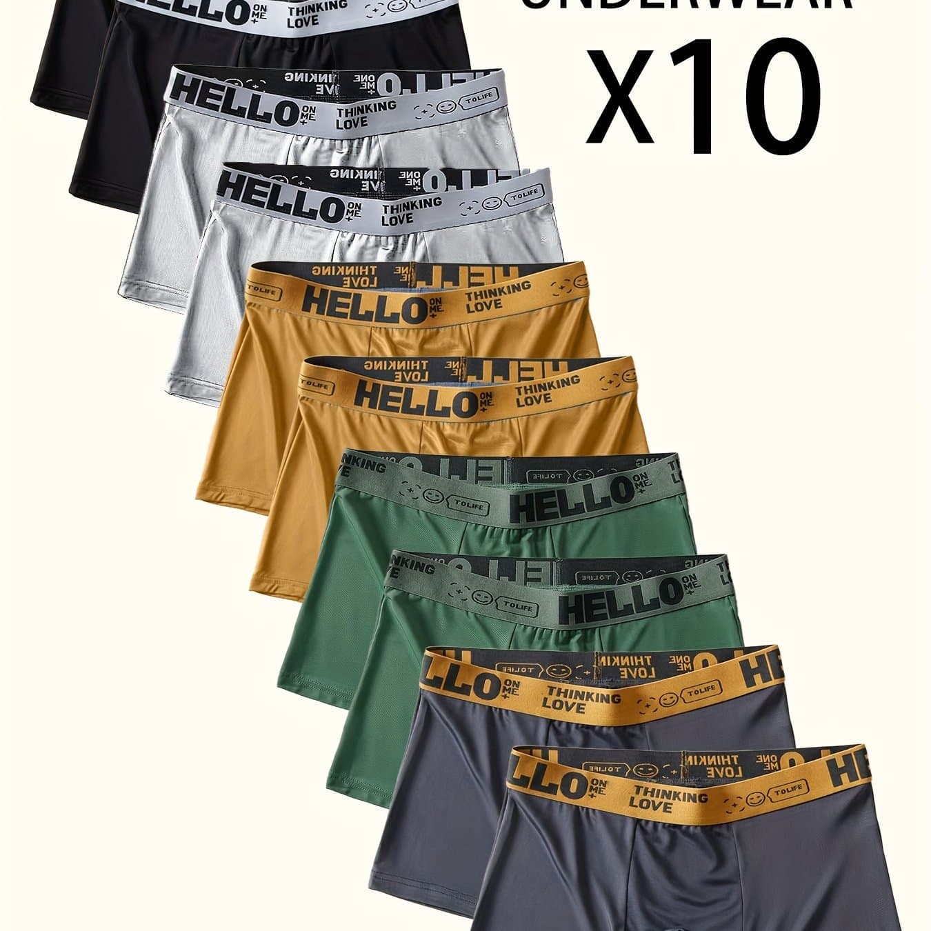 TEMU Random 10pcs "hello" Printed Men&;s Flat-cut Underpants - Fashionable, Breathable, Comfortable Sports Underpants, High , Quick-drying Sports Underpants
